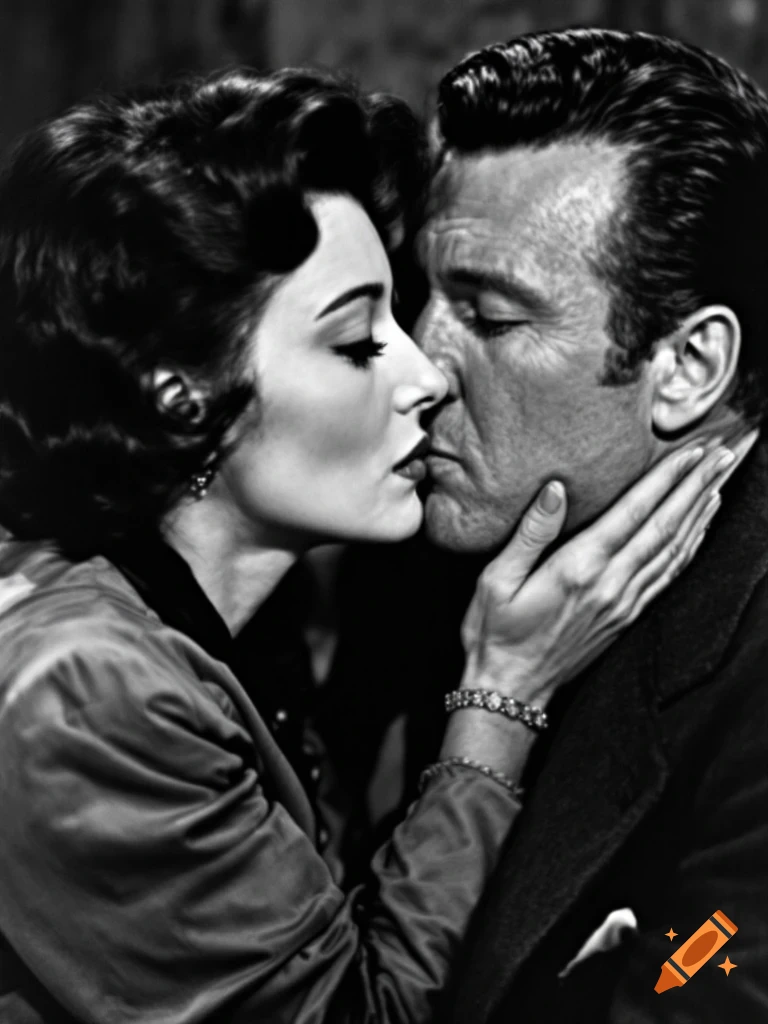 A black and white close-up of a man and woman kissing passionately, with the woman's hand caressing the man's cheek.