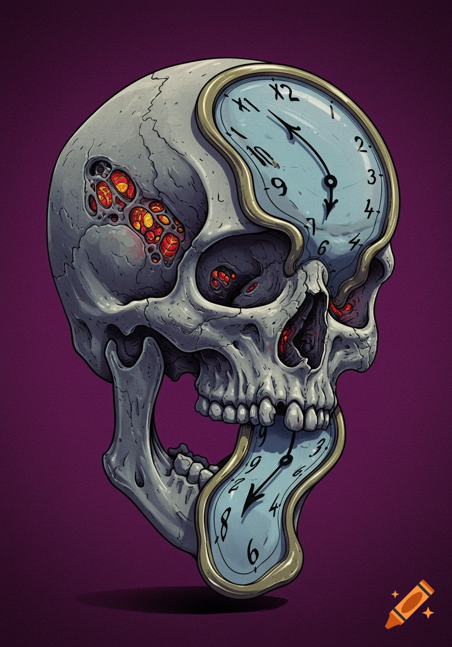 A stylized grey human skull with two warped, melting clocks embedded in it, on a purple background.