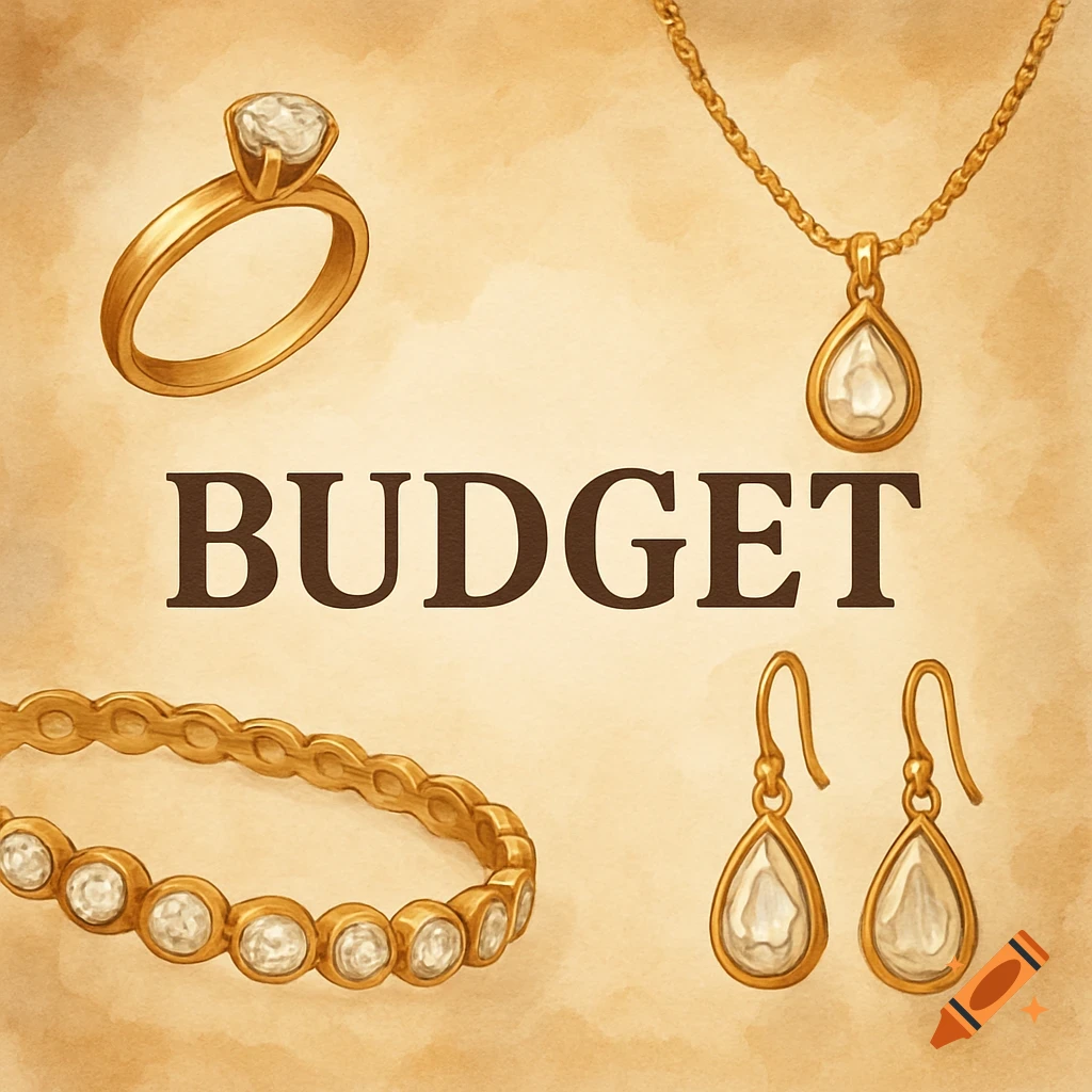 Watercolor illustration of gold jewelry (ring, necklace, bracelet, earrings) surrounding the word BUDGET on a textured background.