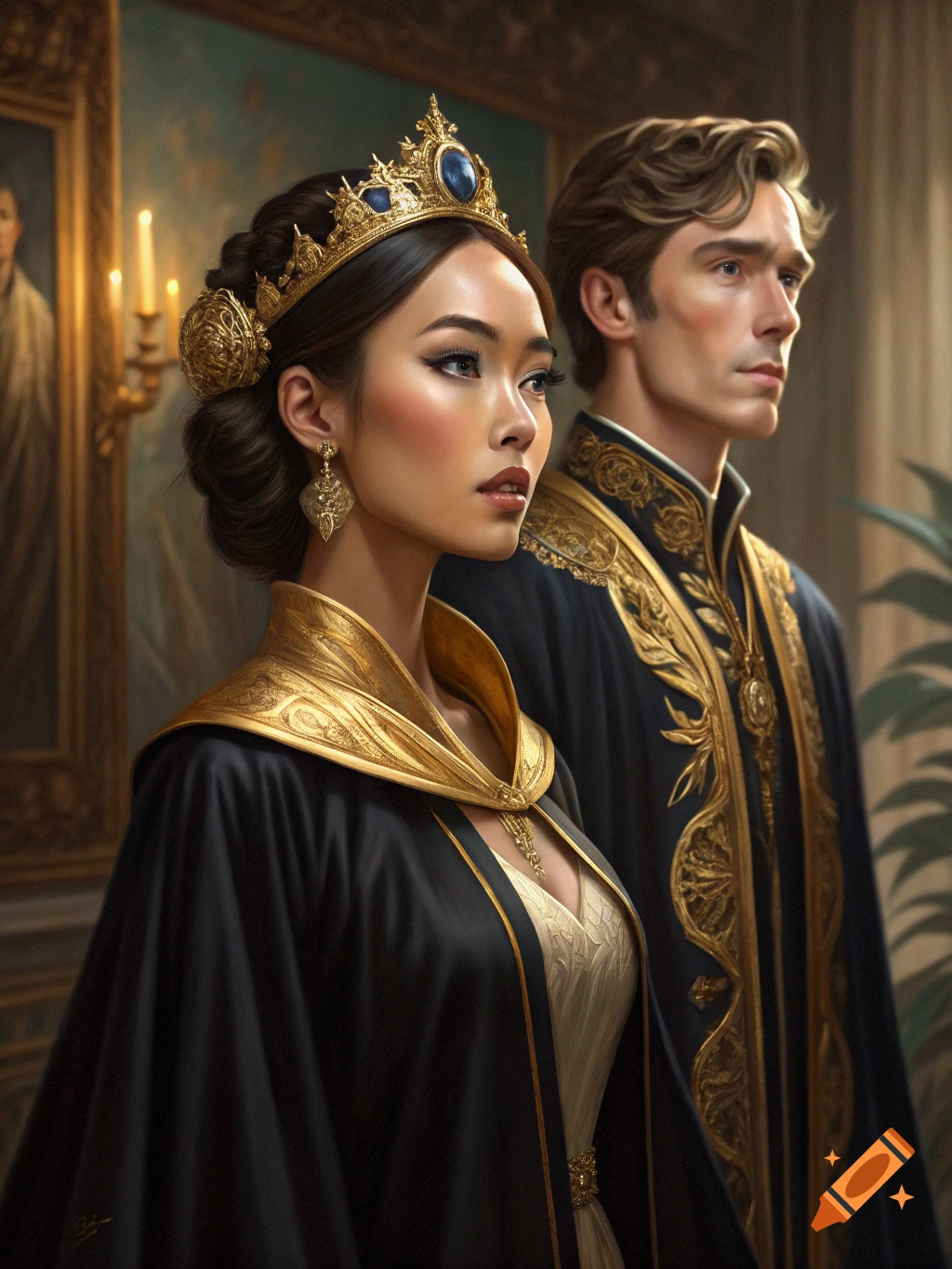 Royal portrait of a poised woman in black and gold robes and a man, painted in classical style.