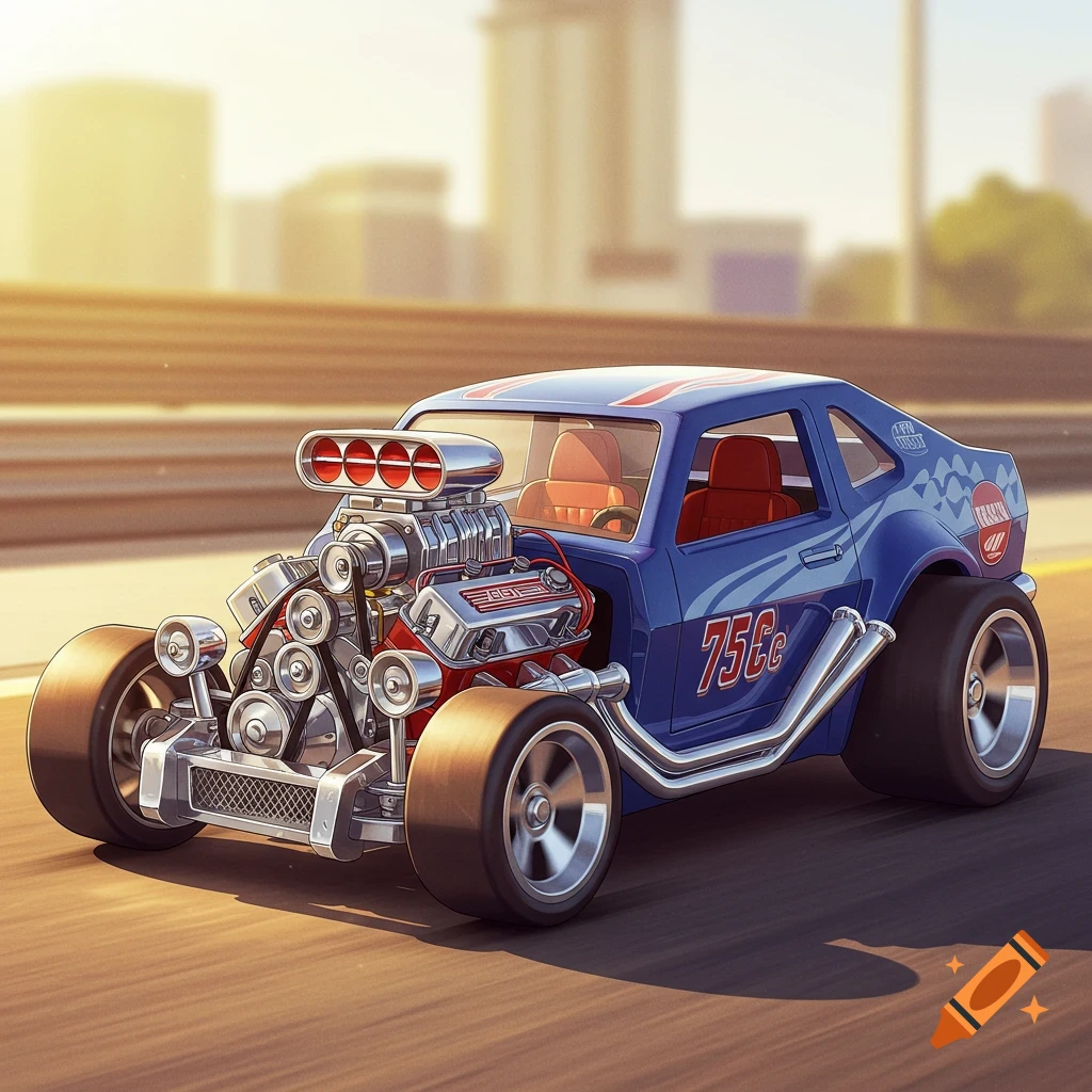 A stylized blue hot rod car with a large exposed engine and exhaust pipes, driving on a road with a blurred city background at sunset.