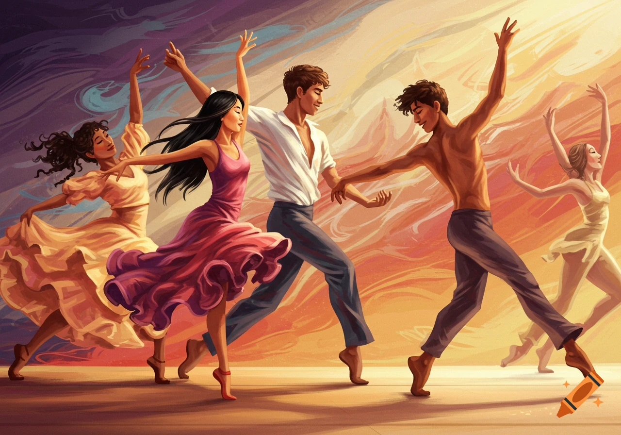 Several men and women dance in flowing garments, rendered in a vibrant painterly style against a warm, colorful background.
