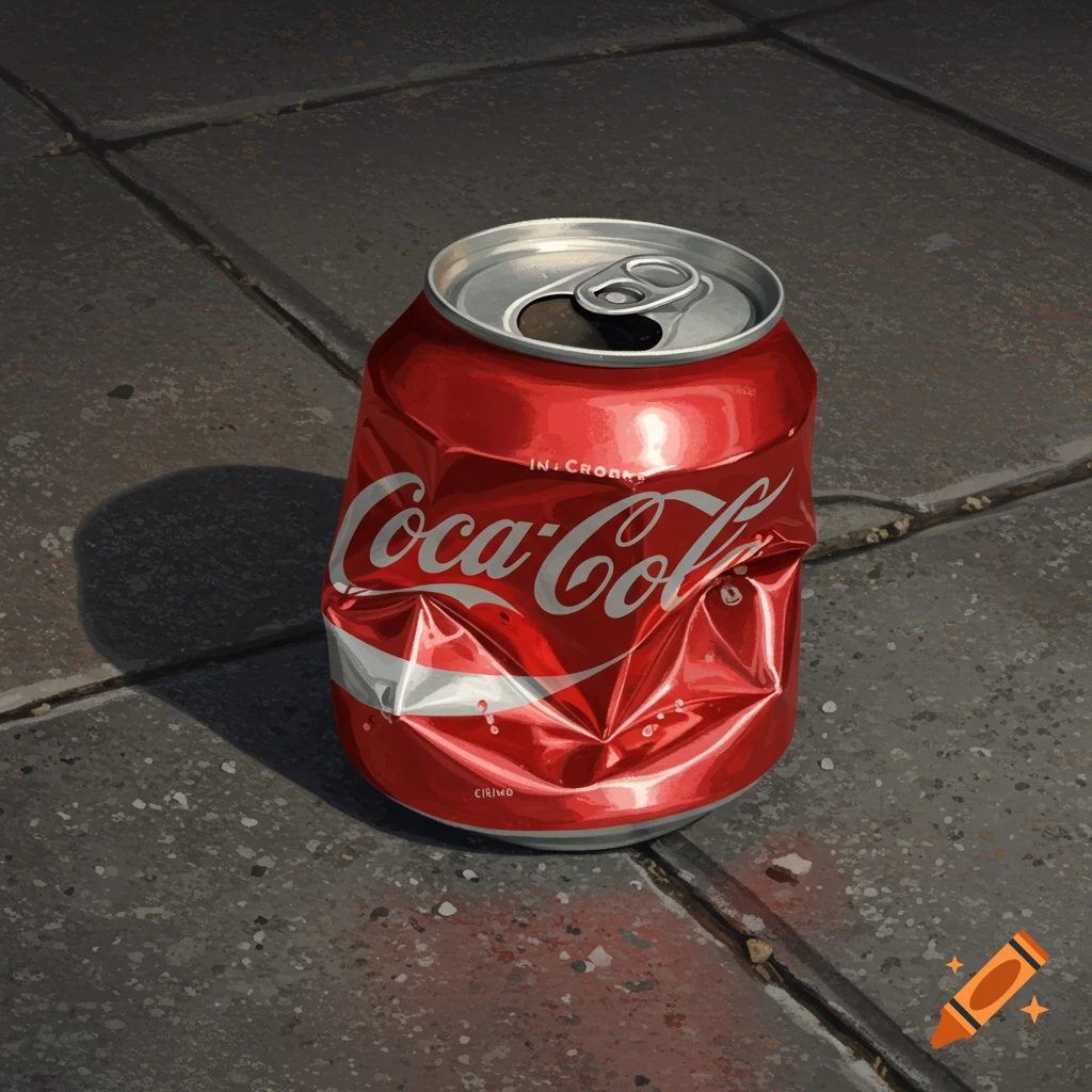A crumpled red Coca-Cola can lies on a grey tiled sidewalk, with a shadow stretching behind it, in a realistic style.