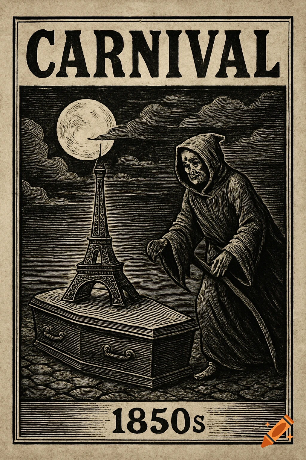 A vintage-style woodcut carnival poster from the 1850s, featuring a grim reaper, coffin with Eiffel Tower, and a full moon.