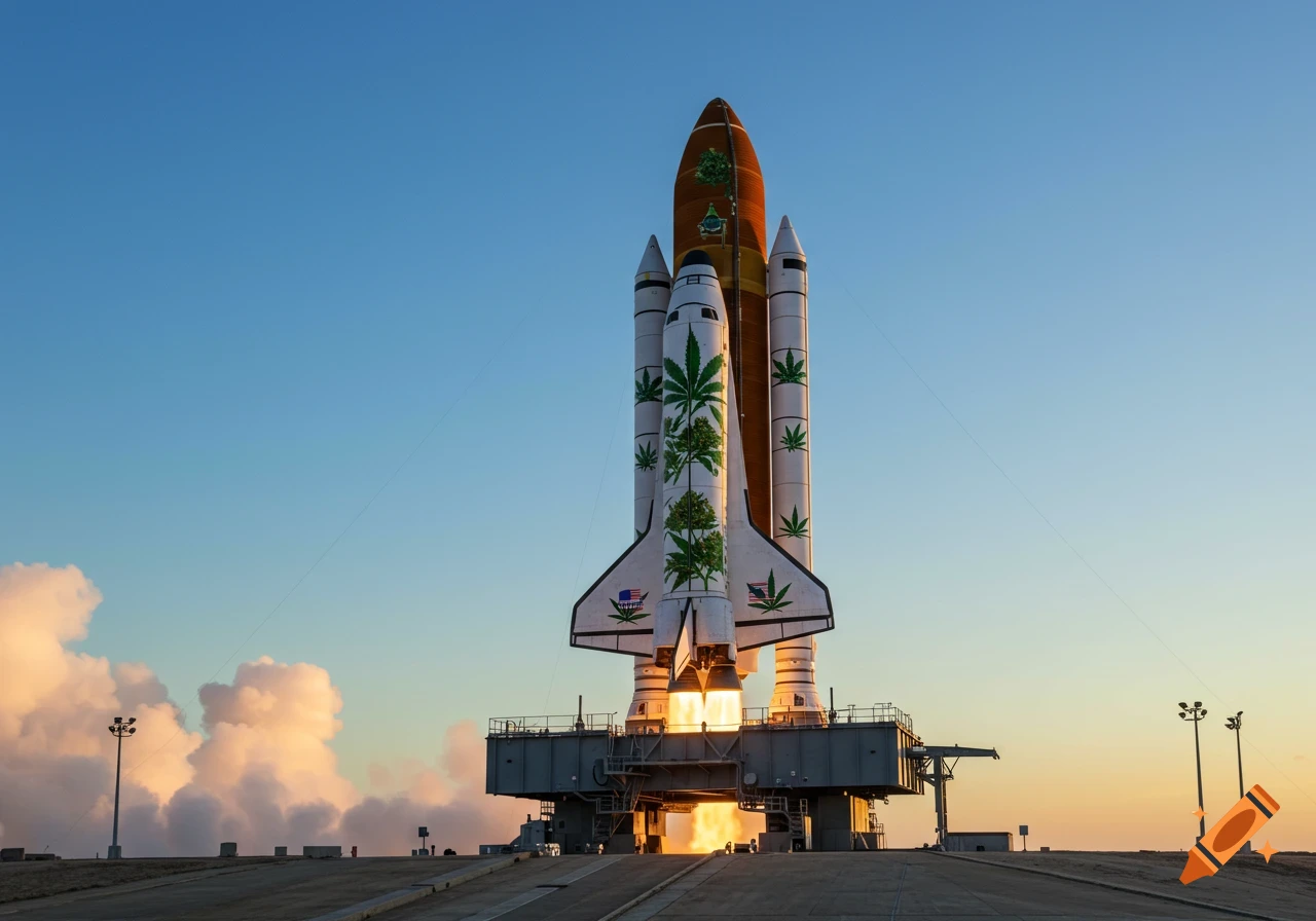 A photorealistic space shuttle decorated with cannabis leaves prepares for launch at sunset.