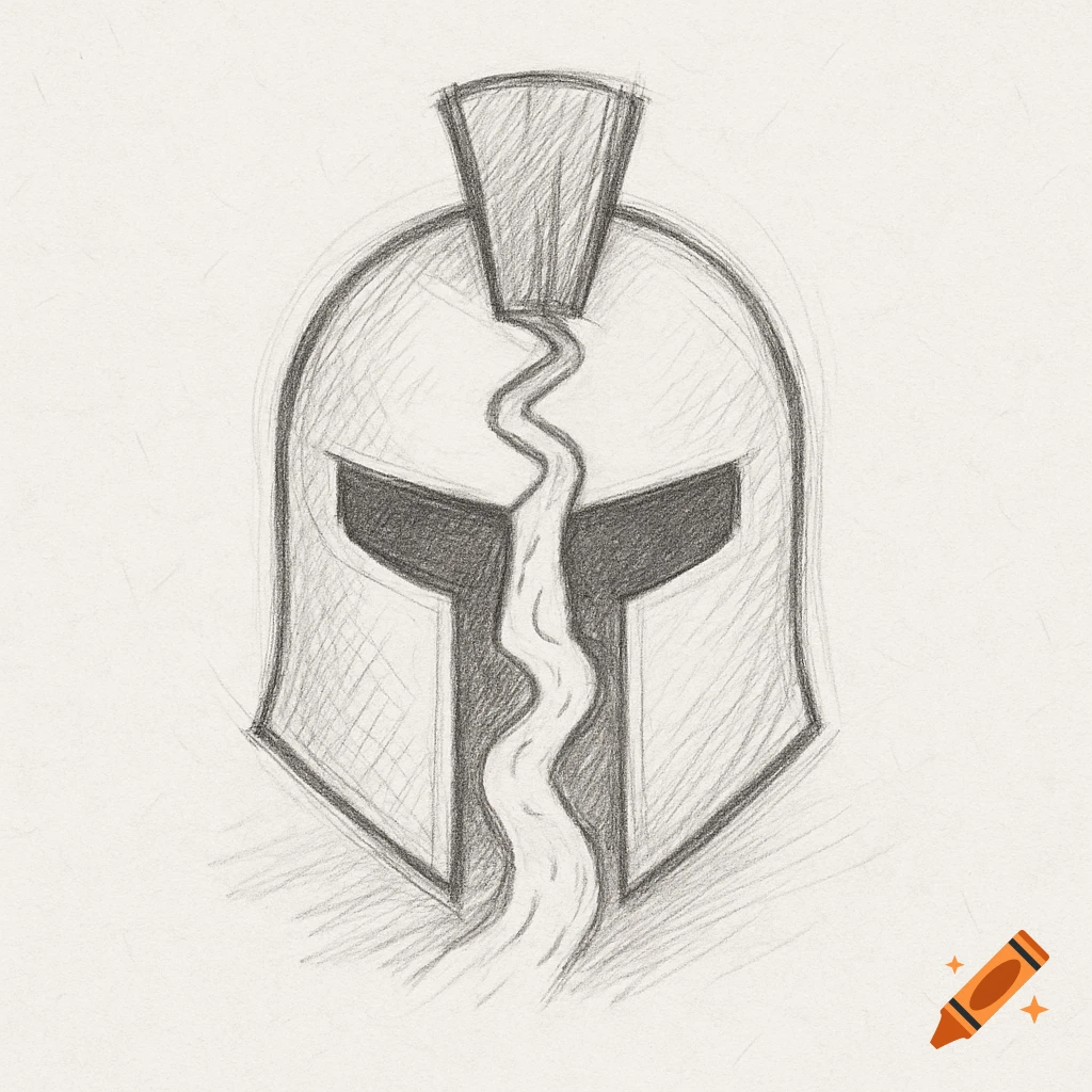 Pencil sketch of a Spartan helmet with a winding path through its center.