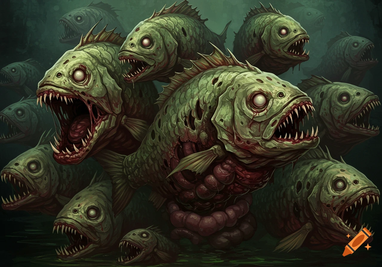 Close-up of a school of grotesque green zombie fish with sharp teeth and exposed organs, in murky water. Digital illustration.