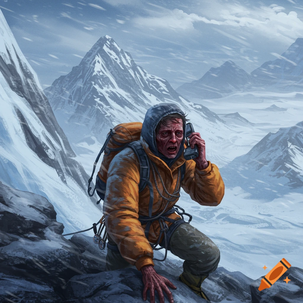 A distressed climber in a yellow jacket and backpack makes a phone call on a snowy mountain, looking gaunt and exhausted.
