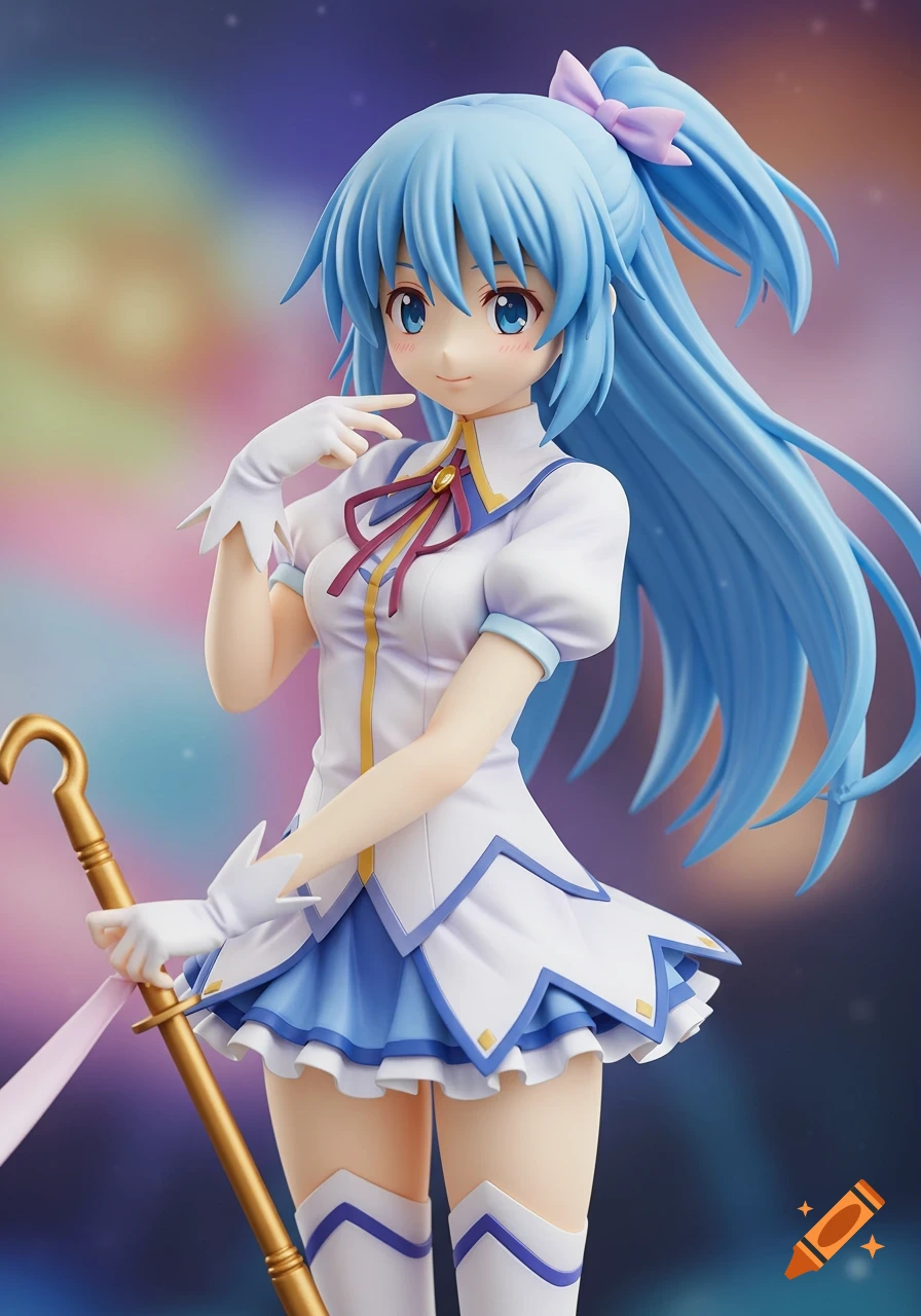 Photorealistic image of a Sayaka Miki anime figurine with blue hair, a white and blue dress, holding a golden staff.