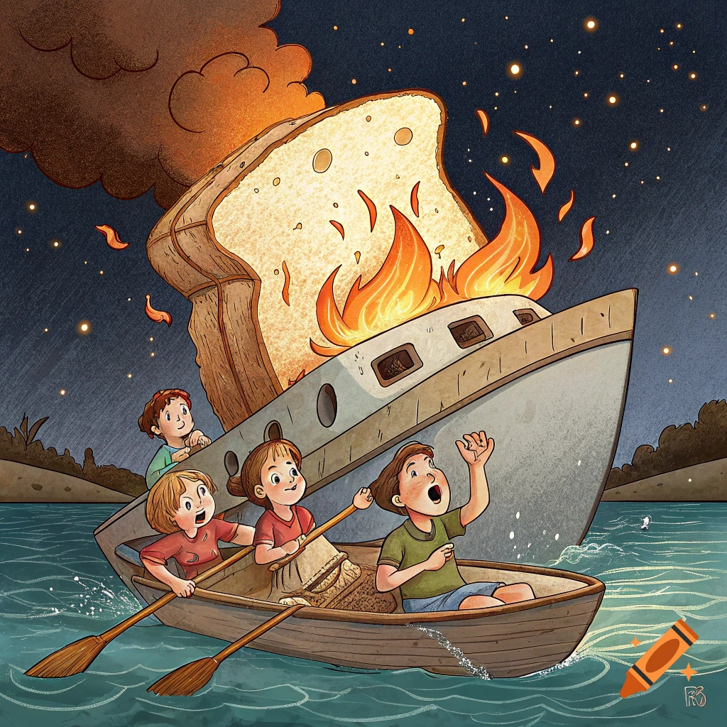 Cartoon illustration of four children in a rowboat escaping a burning yacht made of a giant slice of bread, at night under a starry sky.