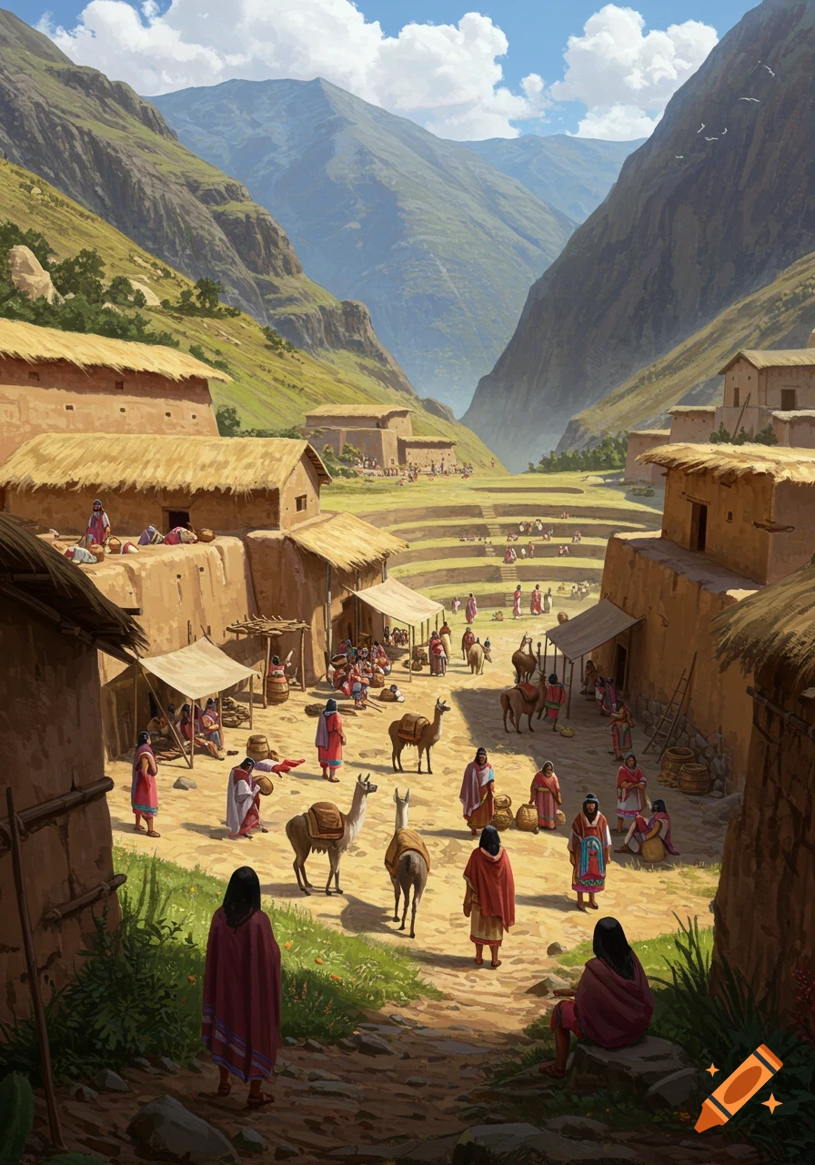 Painting of an ancient village in a mountain valley, with terraced fields, adobe buildings, and villagers with llamas.