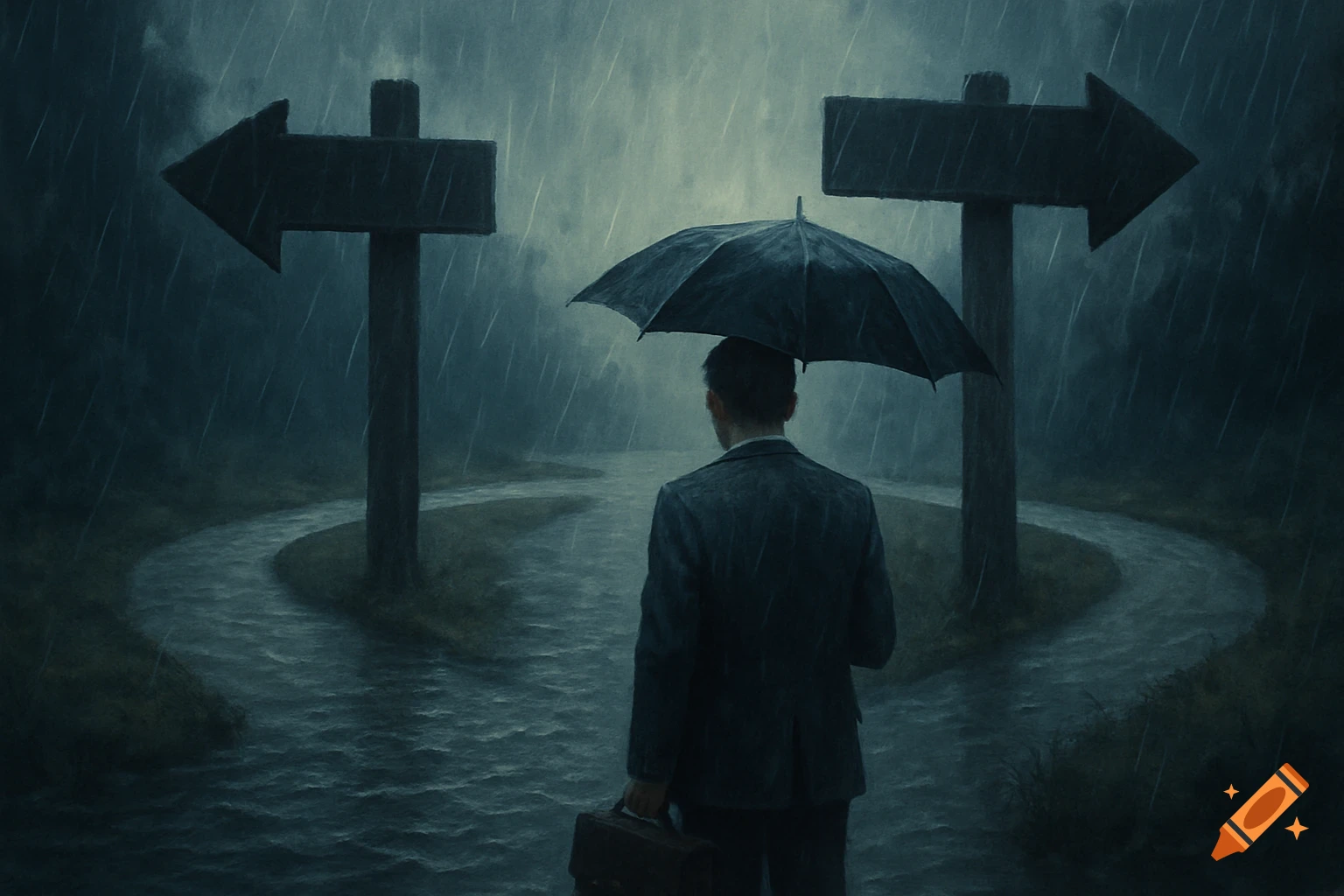 A lone man with an umbrella stands at a rainy, muddy crossroads with two arrow signs pointing opposite ways.