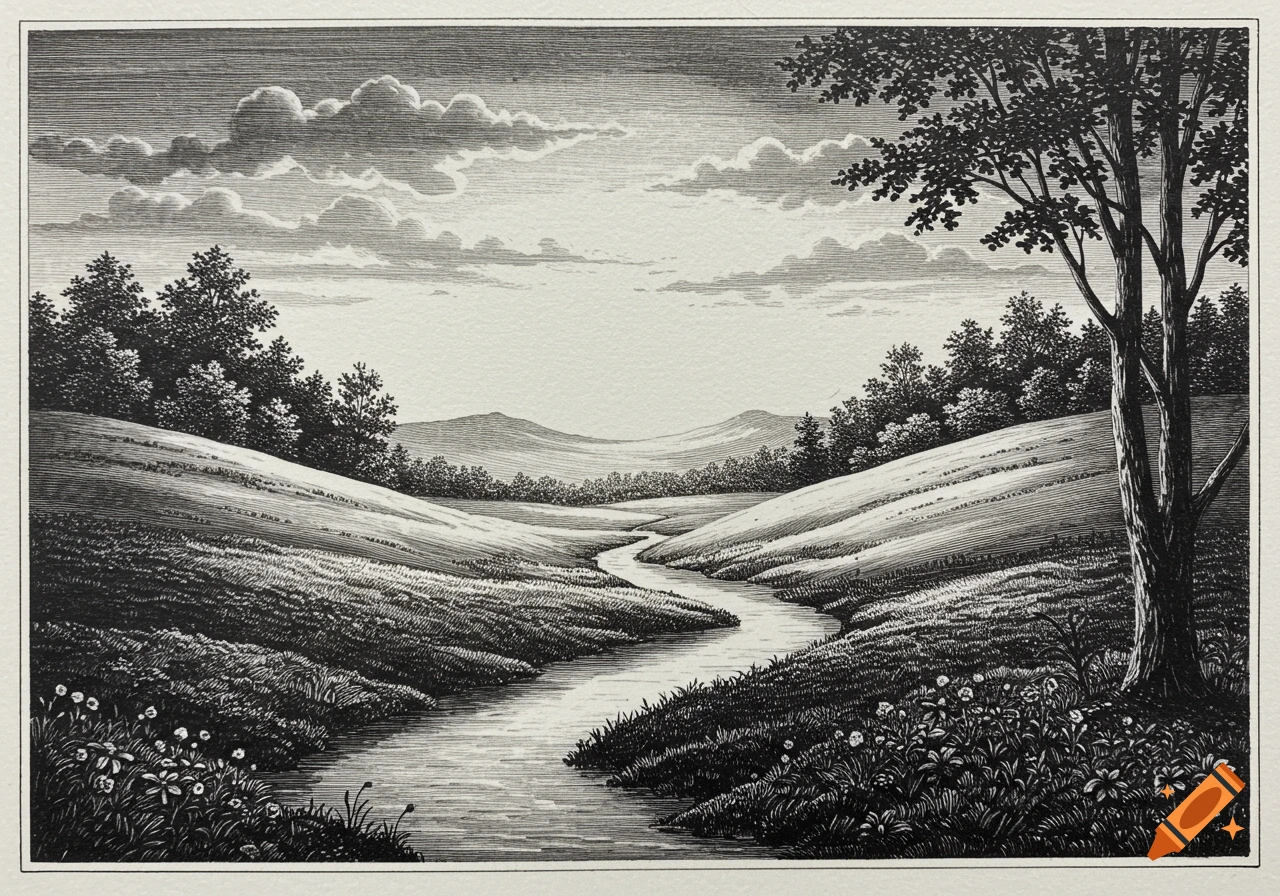 A detailed monochrome engraving of a winding river flowing through rolling hills and trees under a cloudy sky.