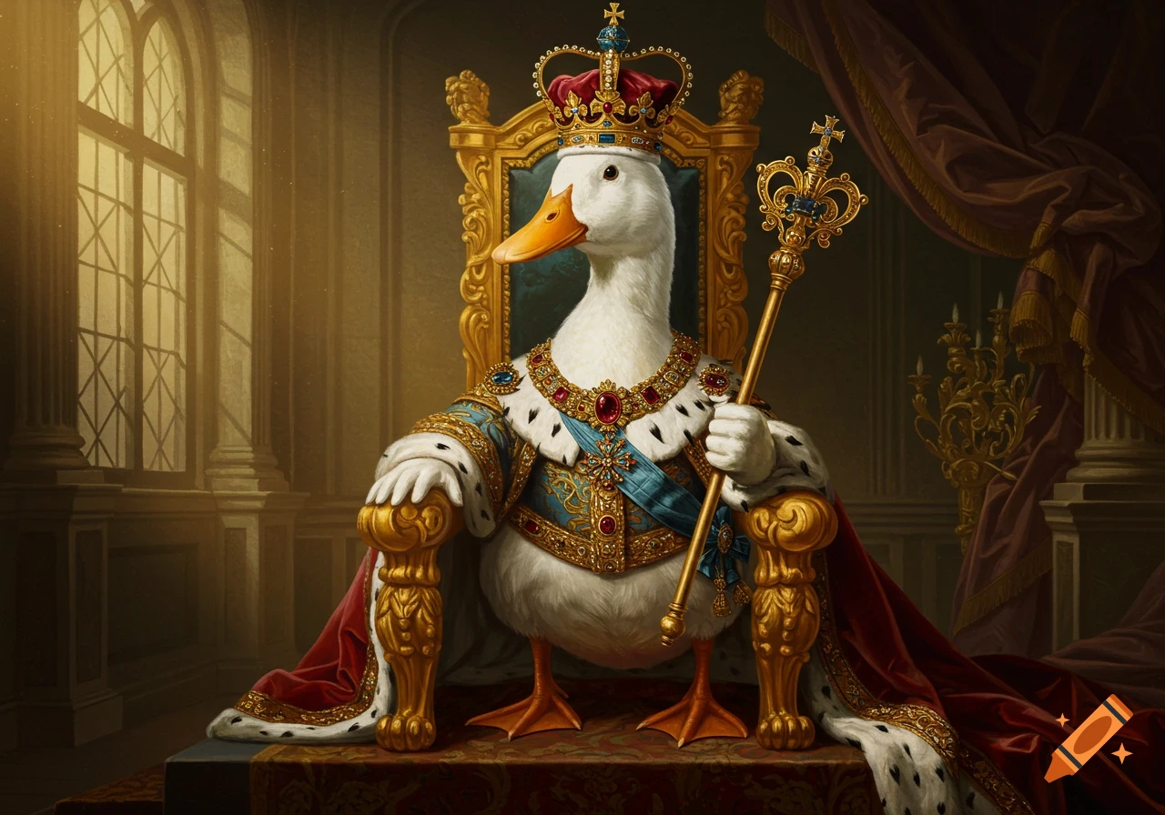 A majestic white duck, adorned in royal robes and a crown, sits on a golden throne holding a scepter in a grand hall.