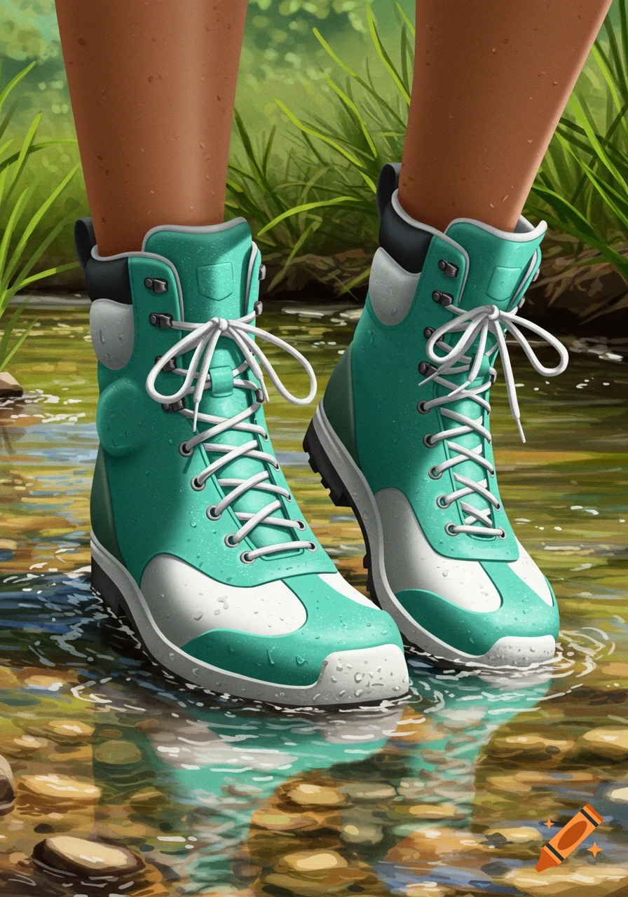 Pair of legs in teal and white wading boots standing in clear shallow water with rocks visible.