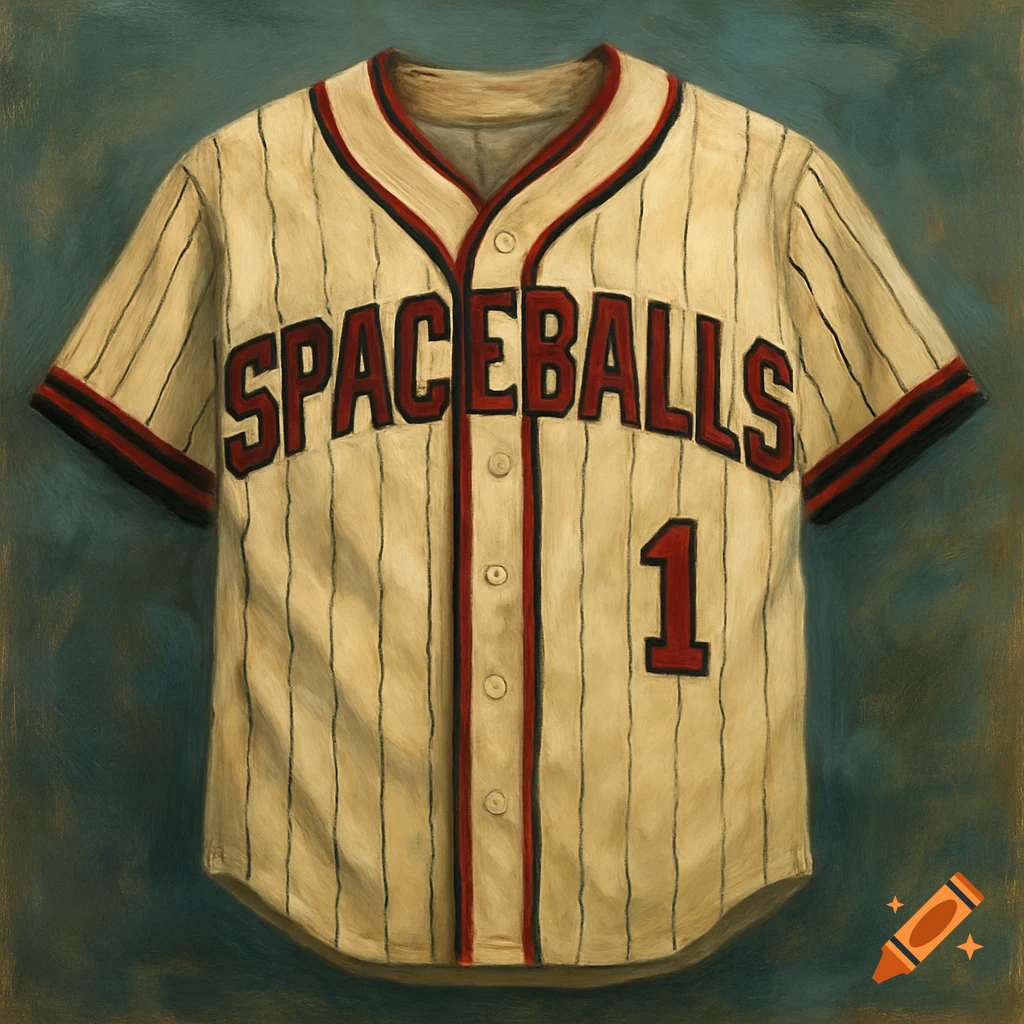 A vintage-style painting of a cream-colored baseball jersey with black pinstripes, red trim, and the word "SPACEBALLS" and number "1" on the front.