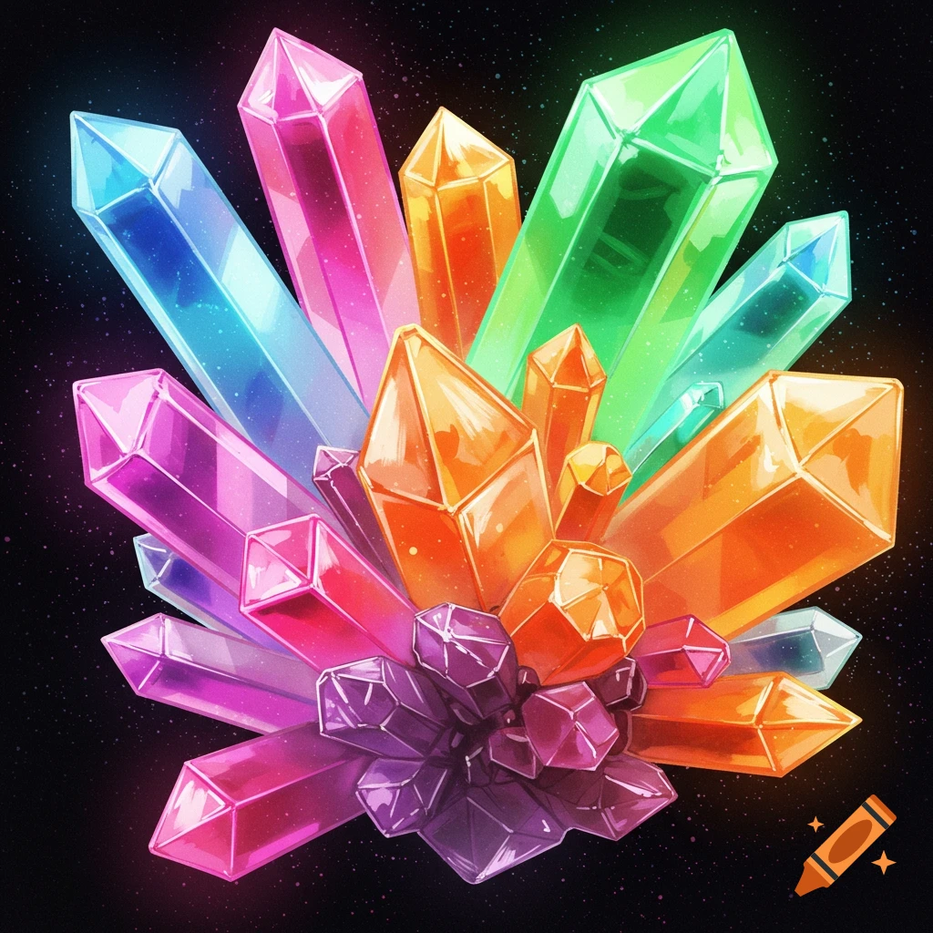 A cluster of vibrant, colorful crystals with sharp facets against a dark, starry background.
