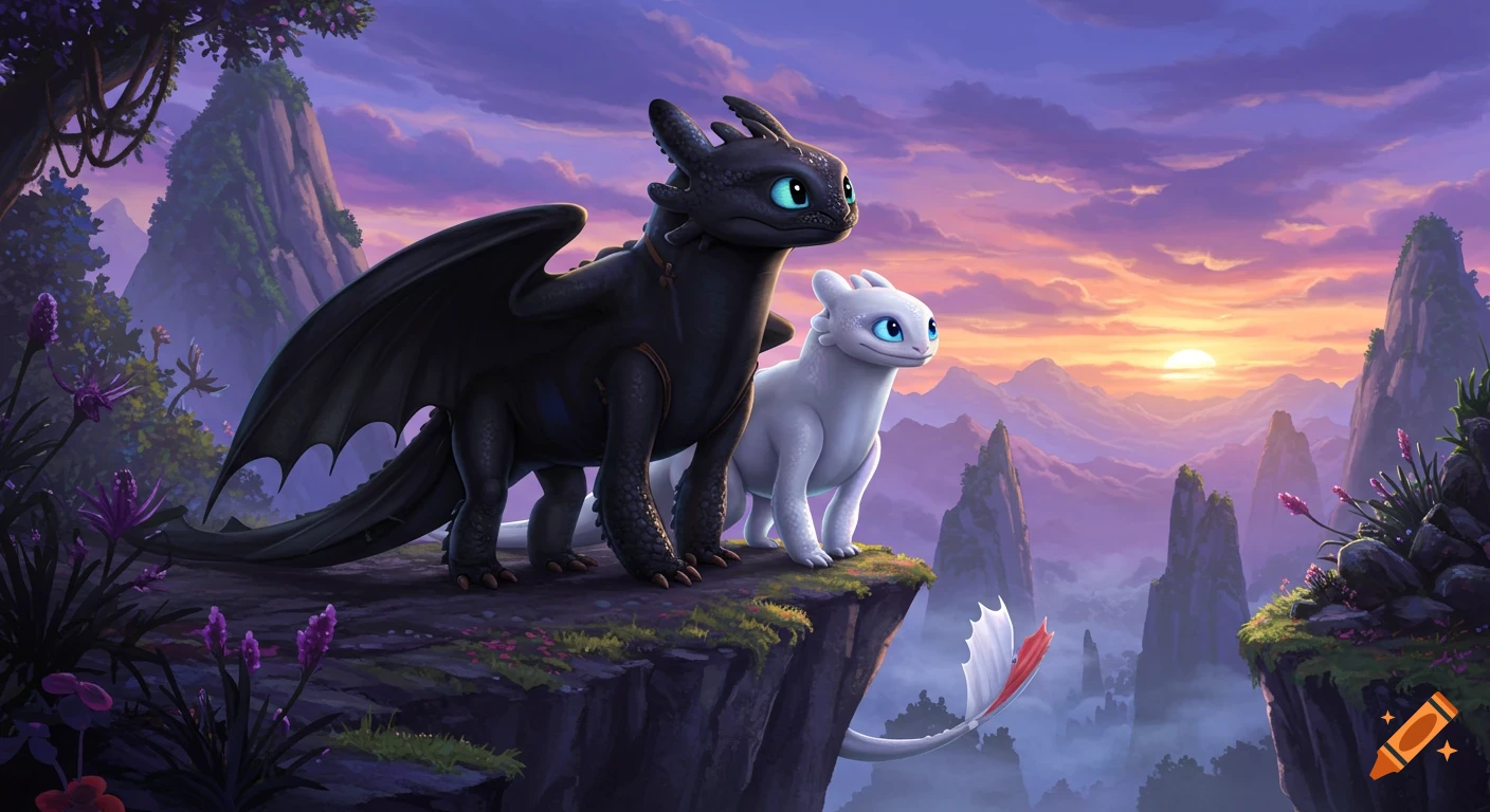 Two animated dragons, Toothless and Light Fury, stand on a cliff overlooking a purple and orange mountainous sunset landscape.