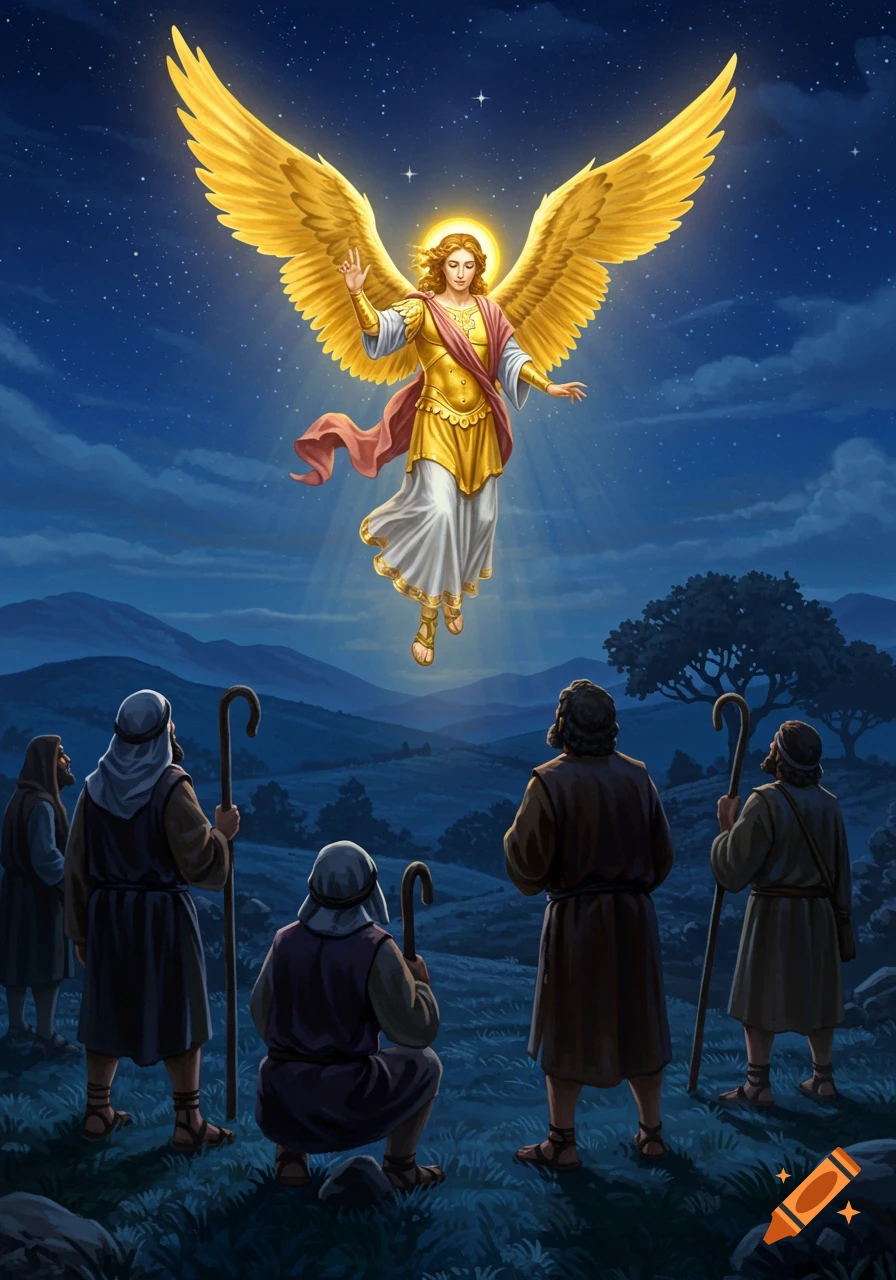 A radiant archangel with golden wings hovers above five shepherds in a dark field under a starry night sky, illustration.