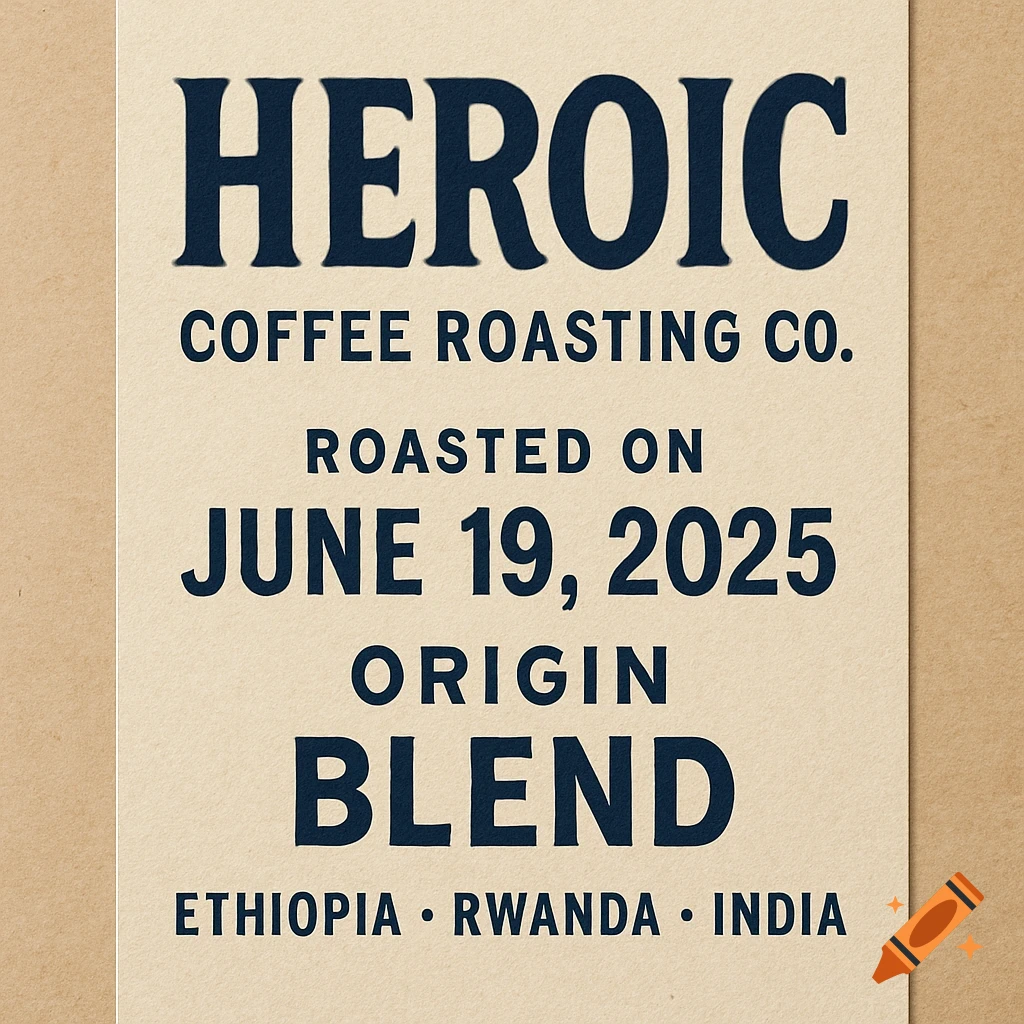 A cream-colored coffee bag label with dark blue text for Heroic Coffee Roasting Co., showing roast date June 19, 2025, and origin blend from Ethiopia, Rwanda, India.