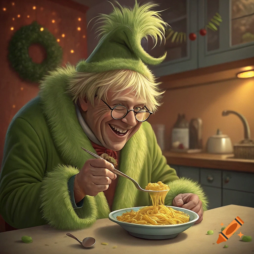 Photorealistic Boris Johnson as the Grinch, laughing while eating macaroni cheese from a bowl in a festive kitchen.