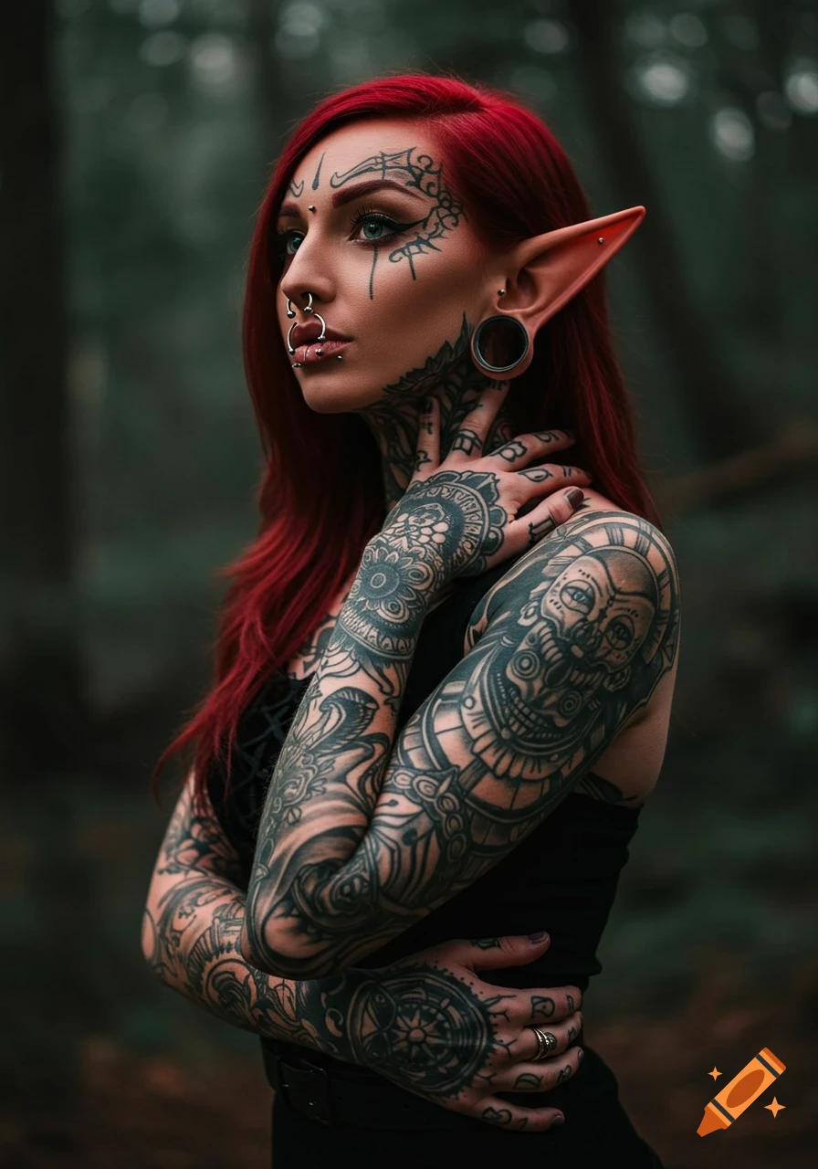 Photorealistic portrait of a red-haired elf woman with extensive tattoos and piercings looking left in a dark forest.
