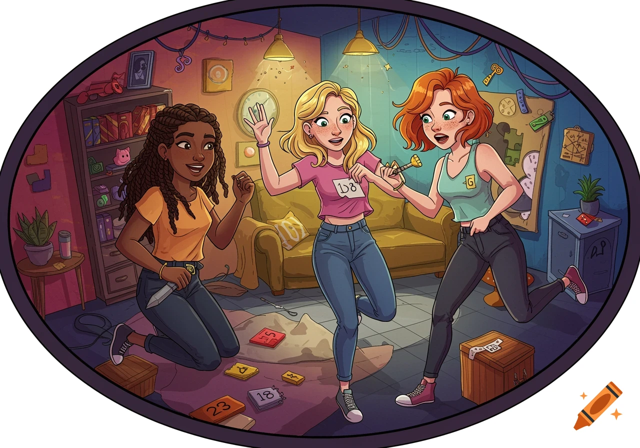 Three cartoon girls playing an escape room game, with one kneeling and holding a knife, one reaching forward, and one running.