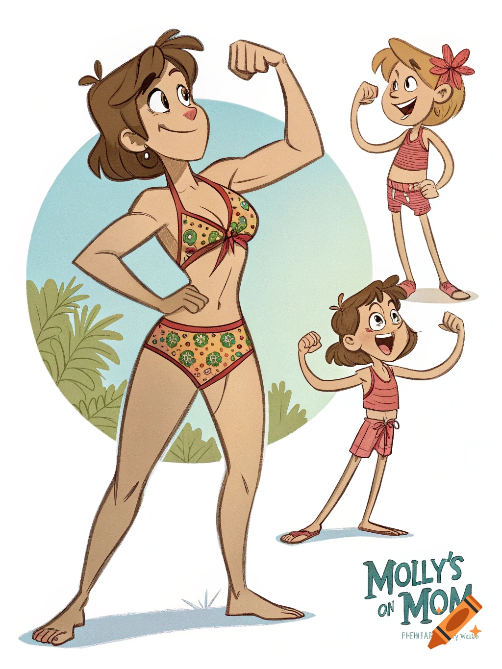 A cartoon model sheet features a strong woman in a bikini flexing, alongside two younger cartoon girls also flexing.