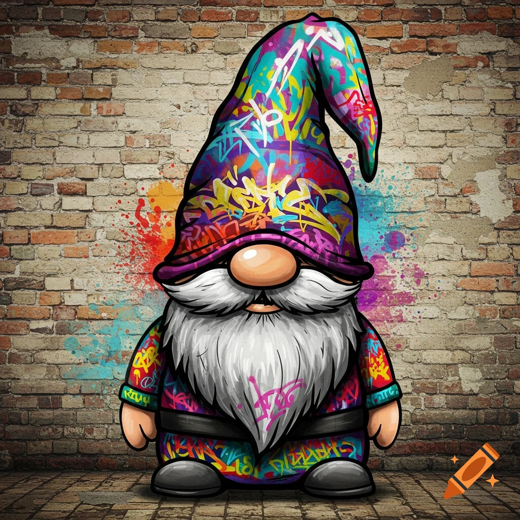 A whimsical cartoon gnome with a long white beard and a pointed hat, adorned with vibrant graffiti art, stands against a brick wall.