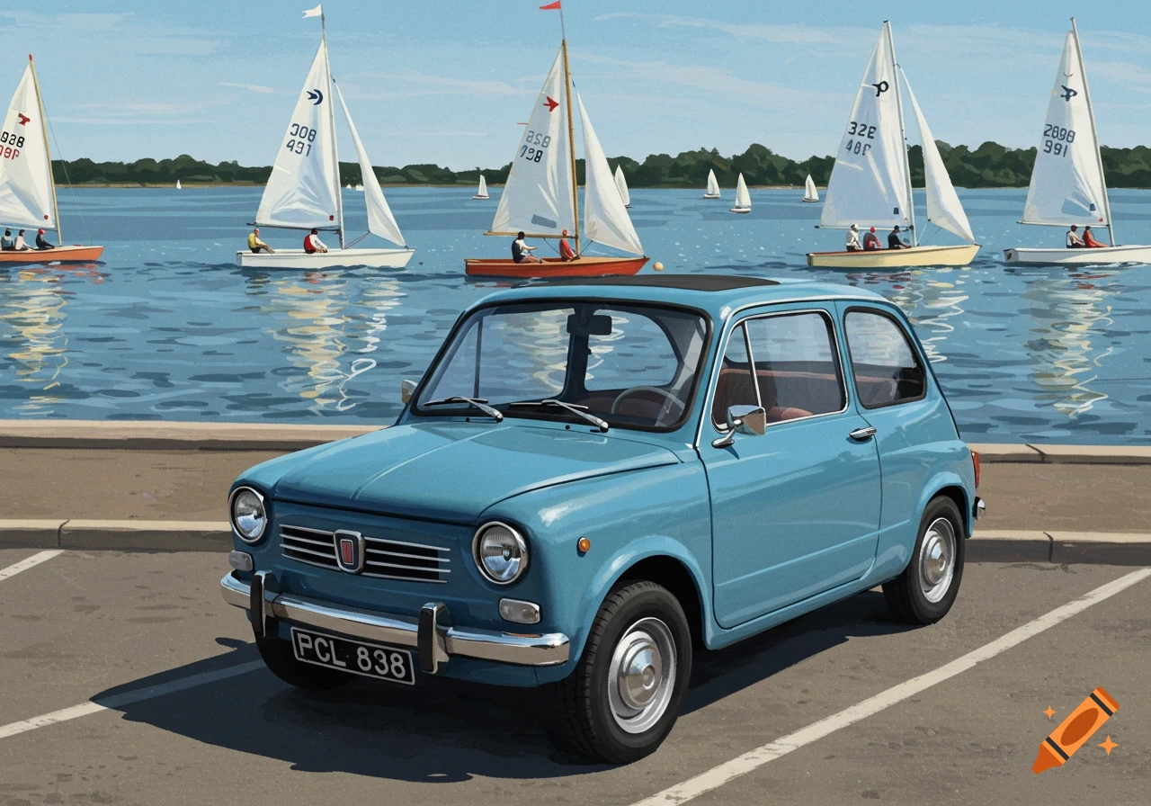 A light blue 1972 Fiat 600 car with a sunroof is parked in a lot by a lake, with several white sailboats on the water in the background under a clear sky. The style appears illustrative.