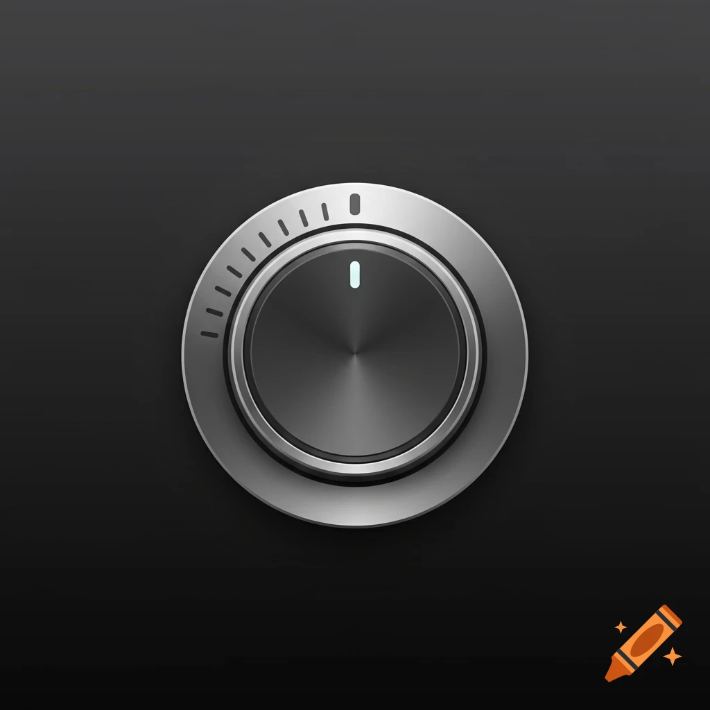 A close-up of a modern, metallic rotary knob with a glowing light indicator on a dark background.