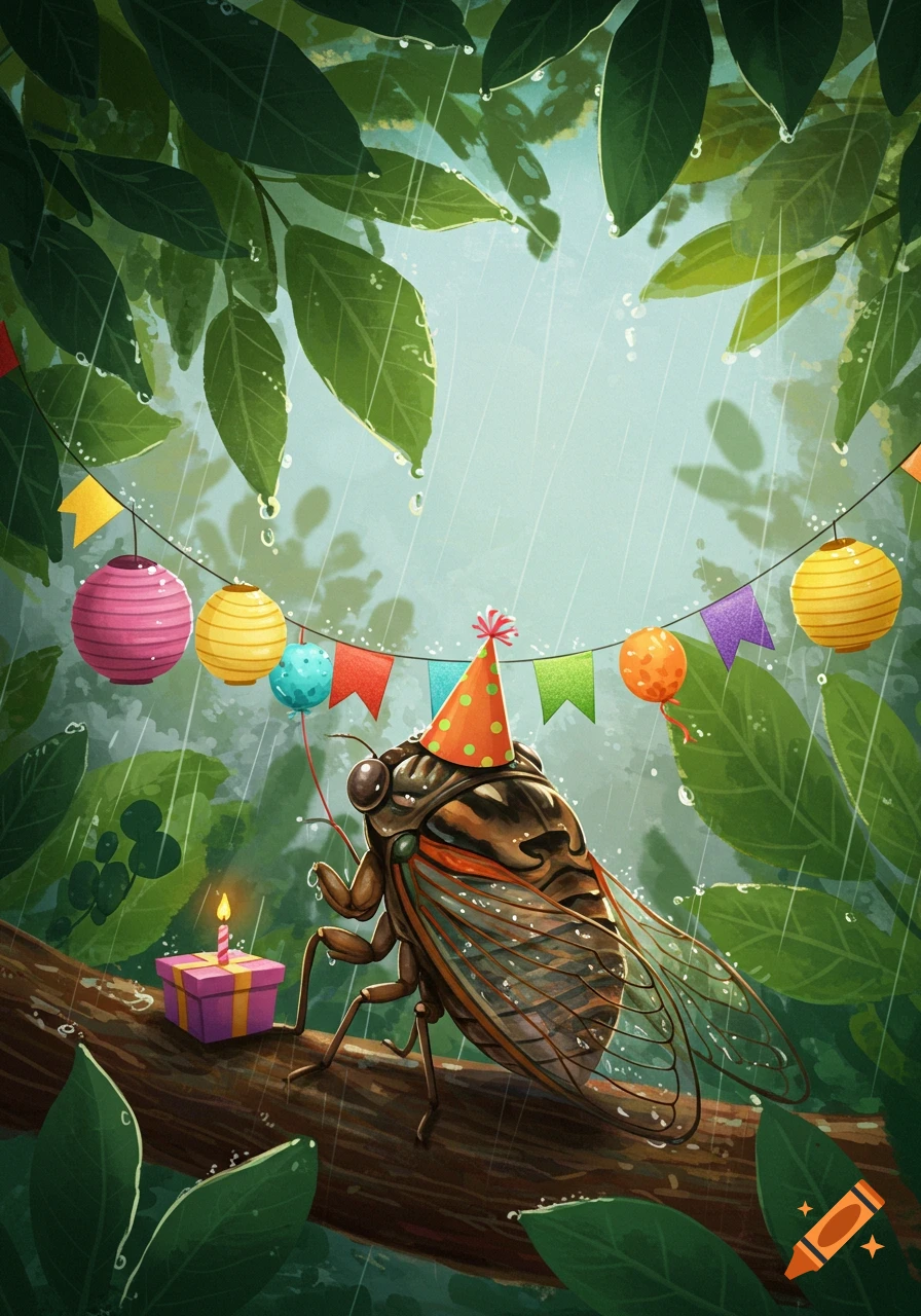 An illustrated cicada wearing a party hat, holding a balloon, and standing by a birthday cake on a branch in the rain.
