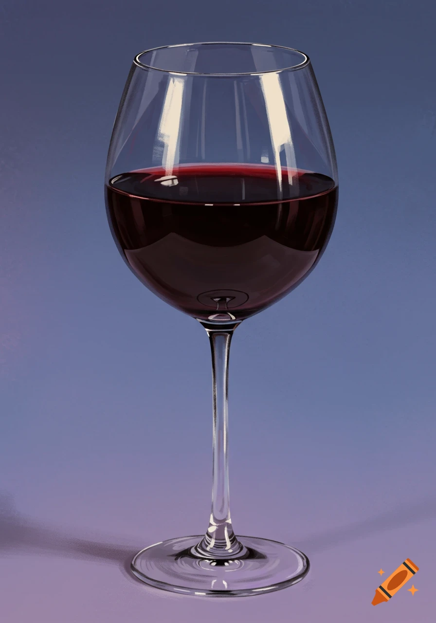 Photorealistic close-up of a wine glass filled with red wine on a purple and blue gradient background.