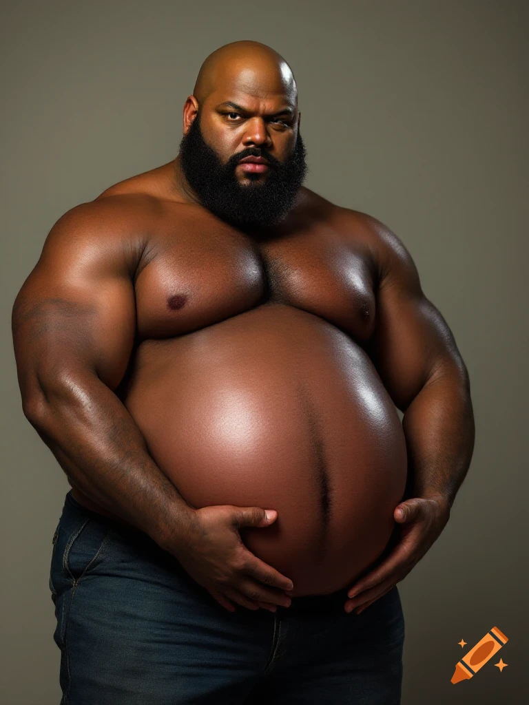 A bald, muscular Black man with a full beard and a very large, distended belly looks directly at the viewer.