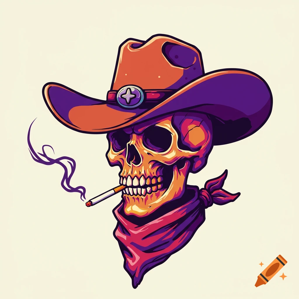 Colorful pop art illustration of a skull wearing a cowboy hat and smoking a cigarette.