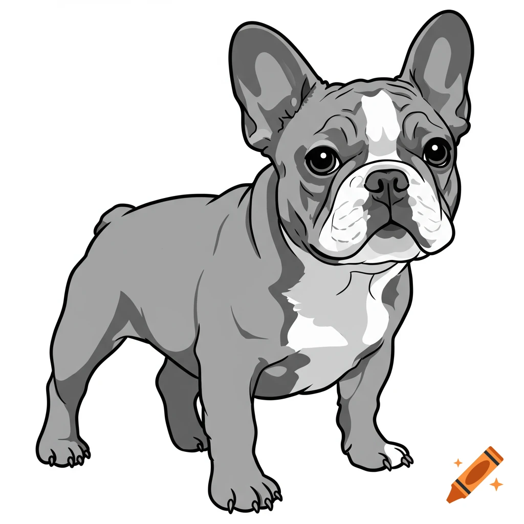A grey and white French Bulldog in a vector illustration style.