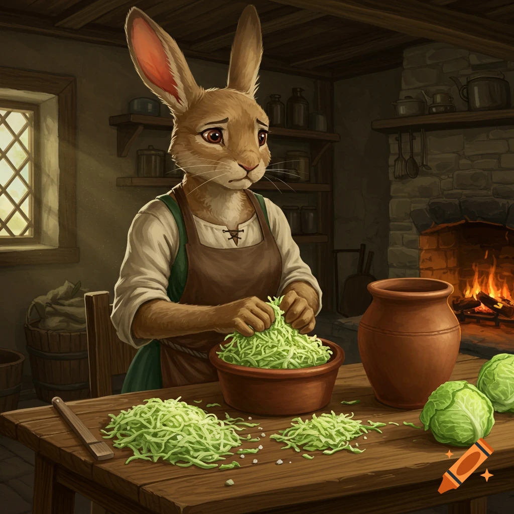 A sad-looking anthropomorphic rabbit in an apron shreds cabbage in a rustic kitchen with a fireplace.