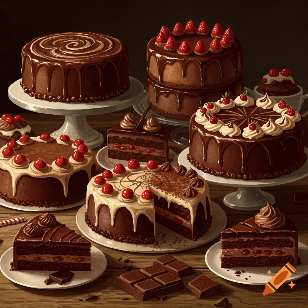 A decadent spread of various chocolate cakes, some with strawberry or cherry toppings, and chocolate bar pieces on a wooden table.