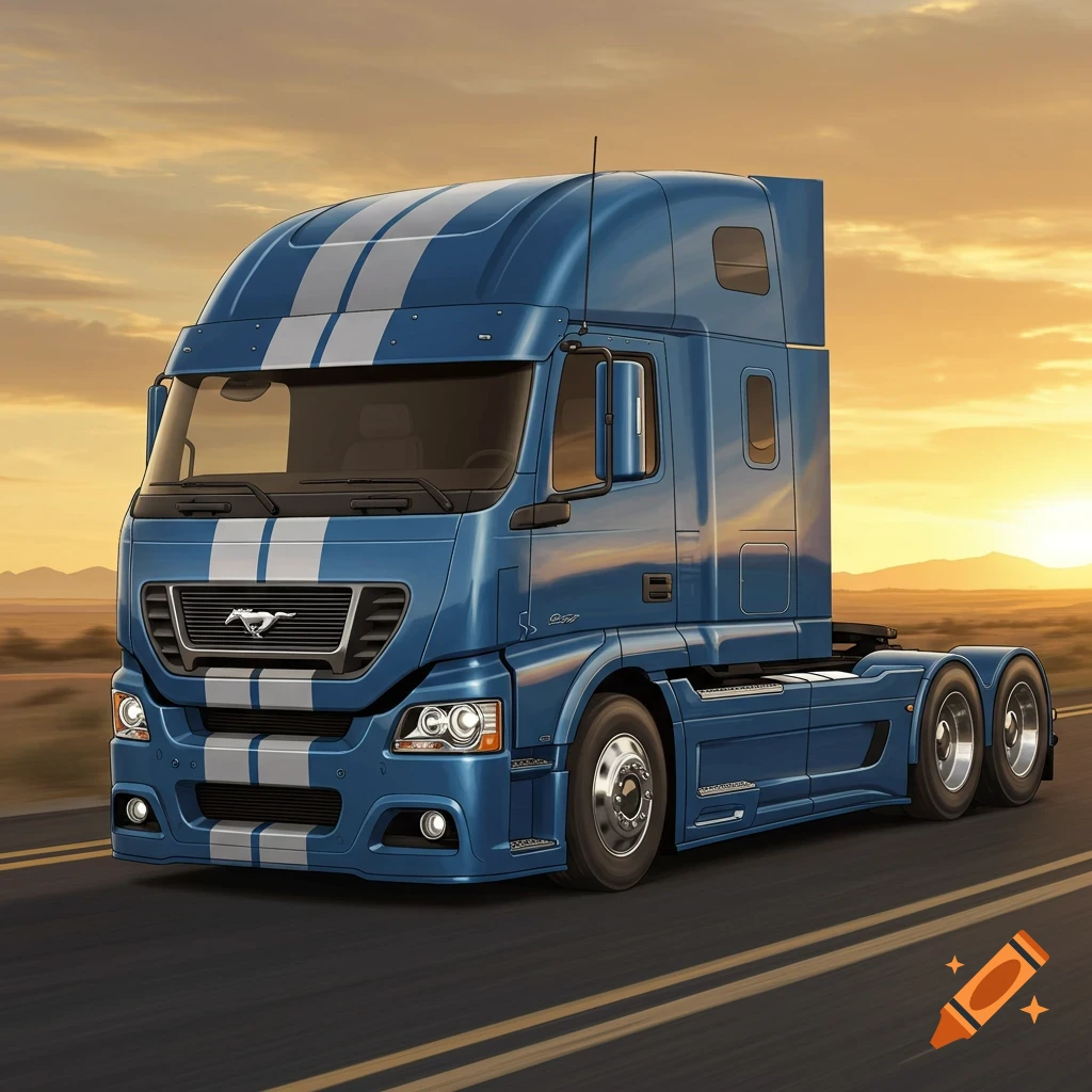 A blue semi-truck with white racing stripes and a horse emblem on the grill drives on a road at sunset.