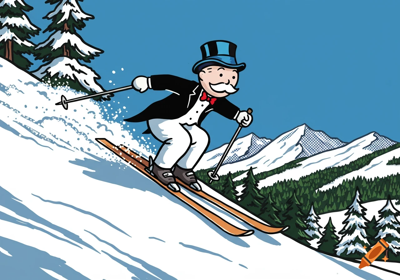 Mr. Monopoly skis down a snowy mountain slope, with pine trees and distant peaks, in a pop art style.
