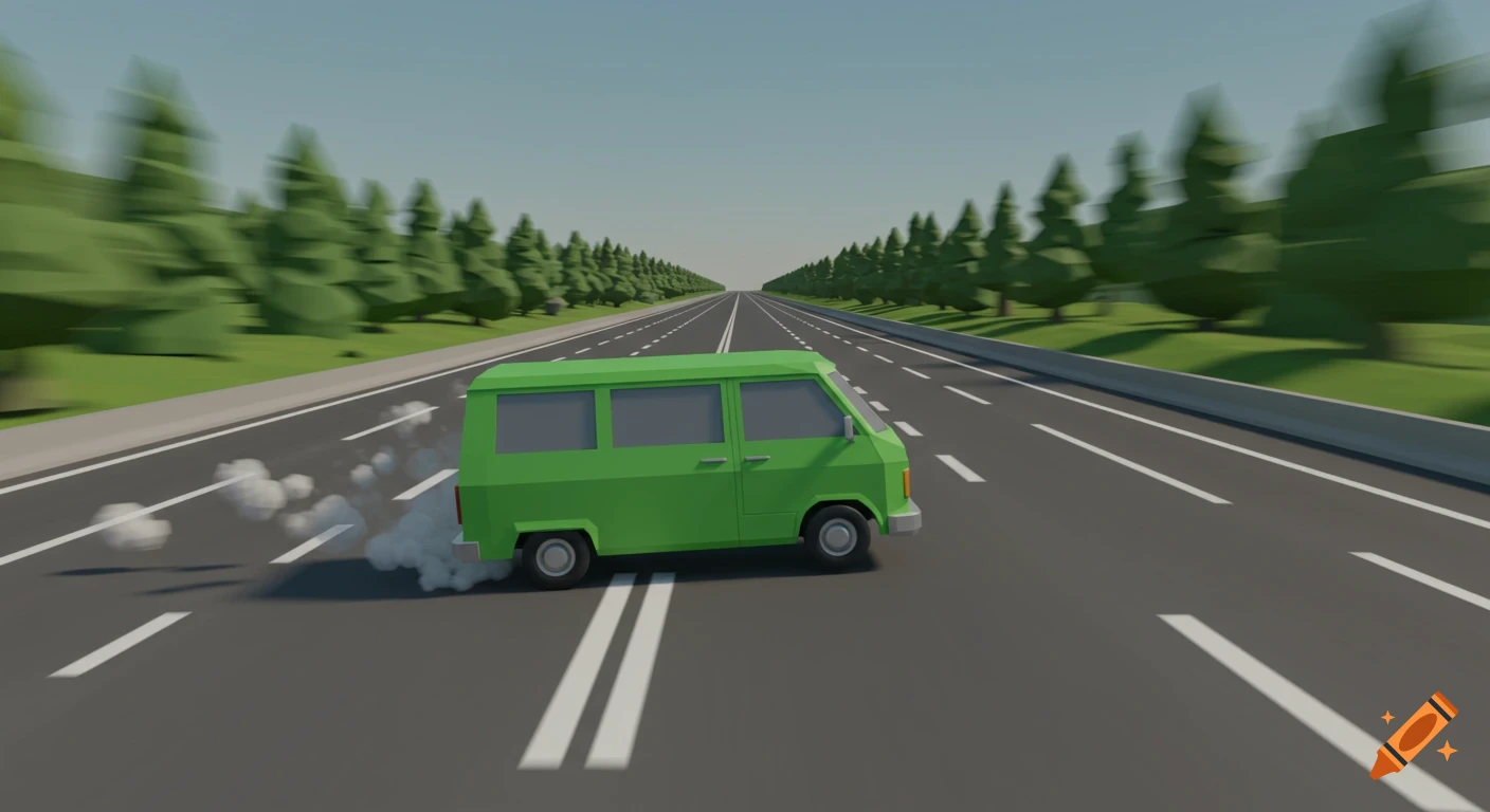 A low poly green van speeds down a multi-lane highway, leaving a trail of smoke, with blurred trees lining the road.