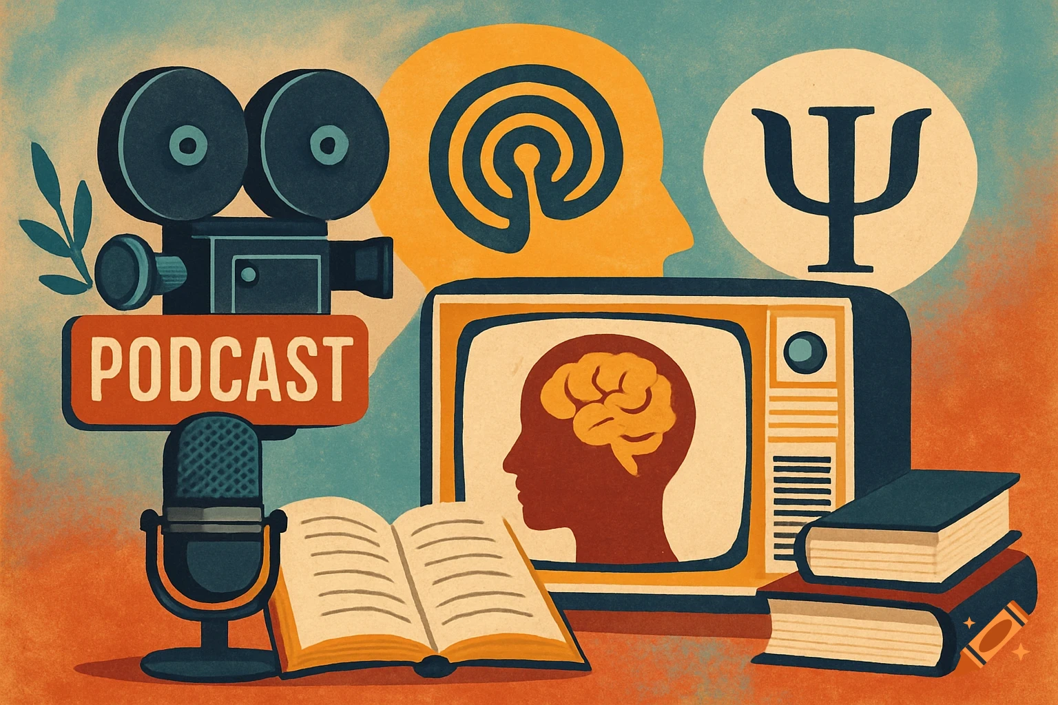 An illustration depicting media elements like a film camera, microphone, TV, and books, combined with psychology symbols like a brain and the Psi symbol.
