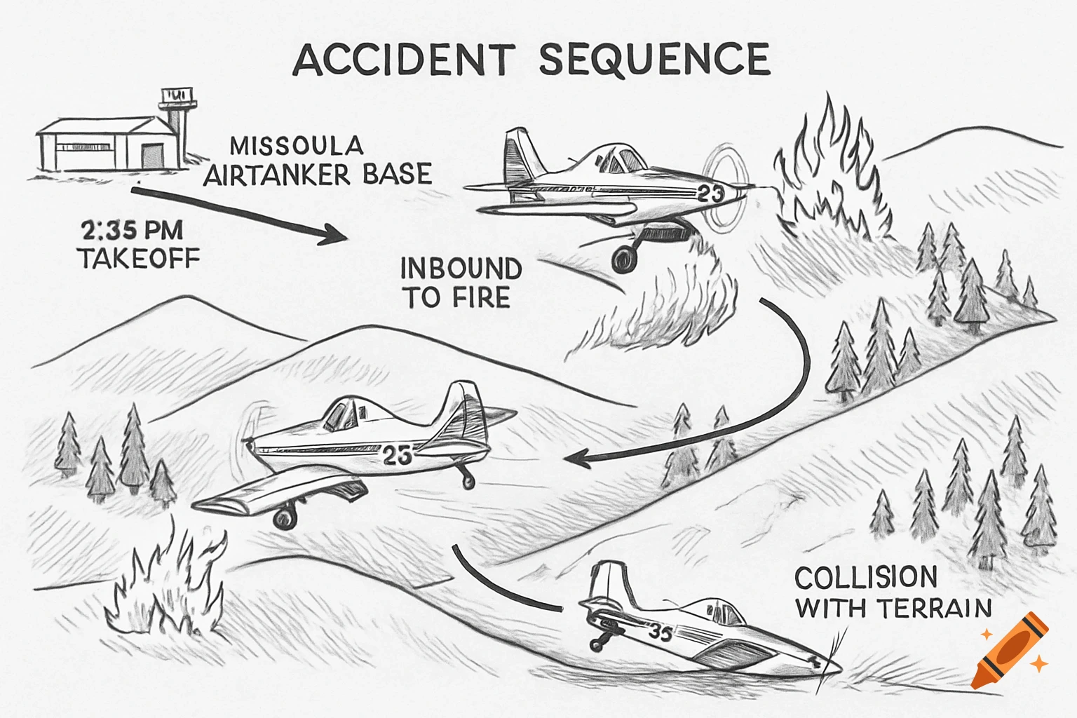 A black and white sketch diagram illustrating an airplane accident sequence from takeoff at Missoula Airtanker Base to a collision with terrain.