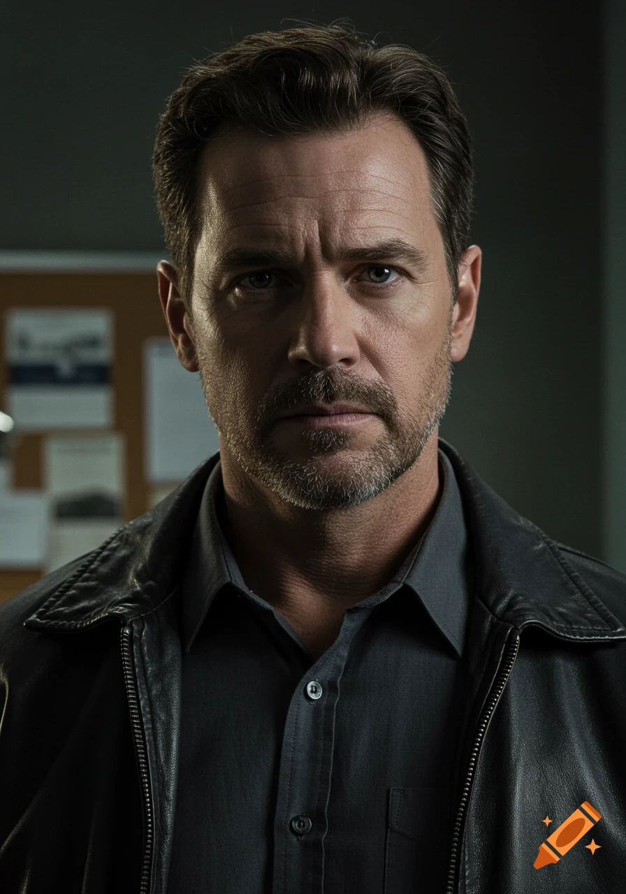 Photorealistic portrait of a serious, rugged mid-40s male detective with dark hair and a beard, wearing a black leather jacket.