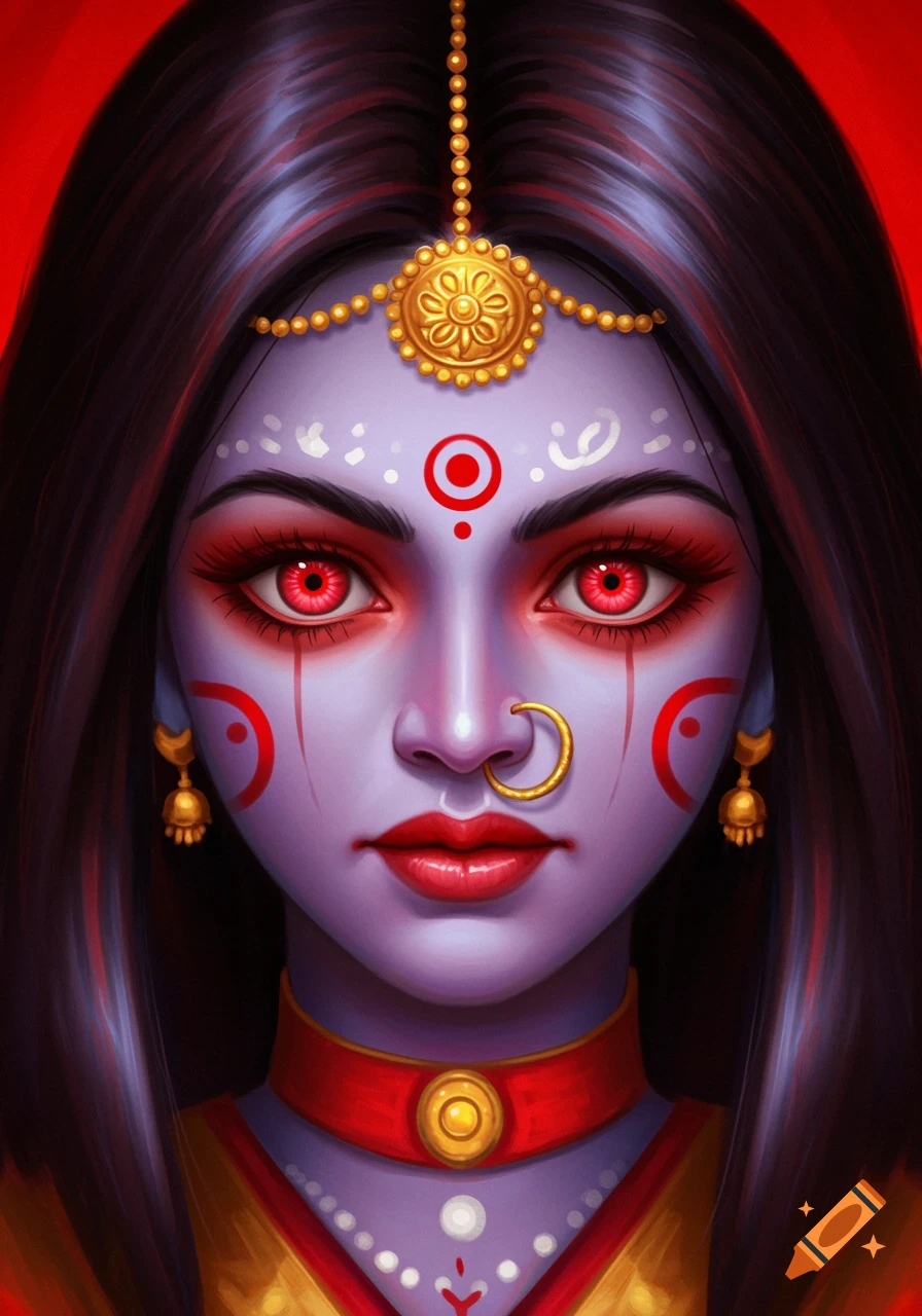 A close-up portrait of a stylized female figure with dark hair, purple skin, bright red eyes, and traditional gold Indian jewelry and markings.