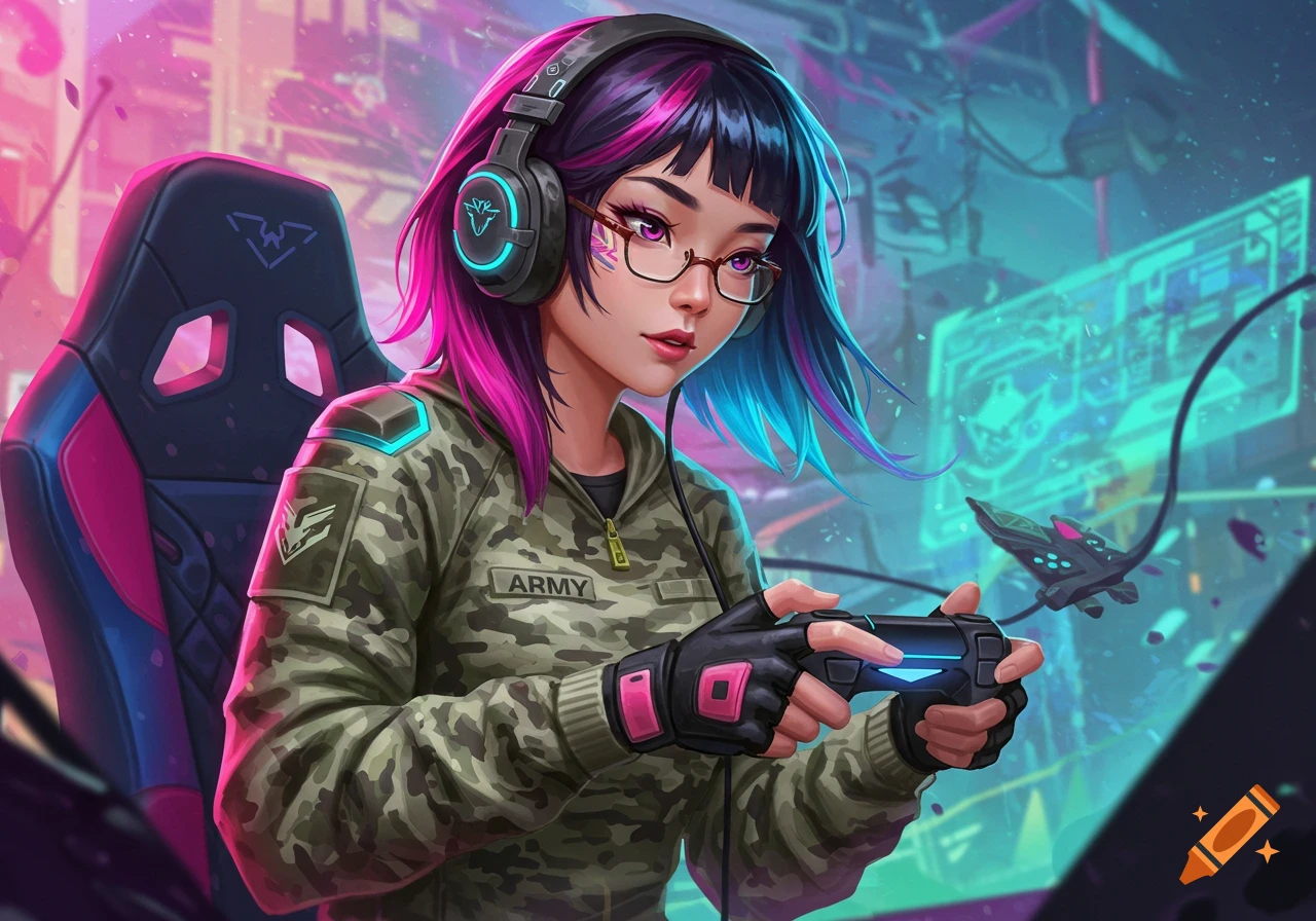 Anime-style illustration of a girl with pink and blue hair wearing a camo jacket and headphones, gaming with a controller in a neon-lit futuristic room.