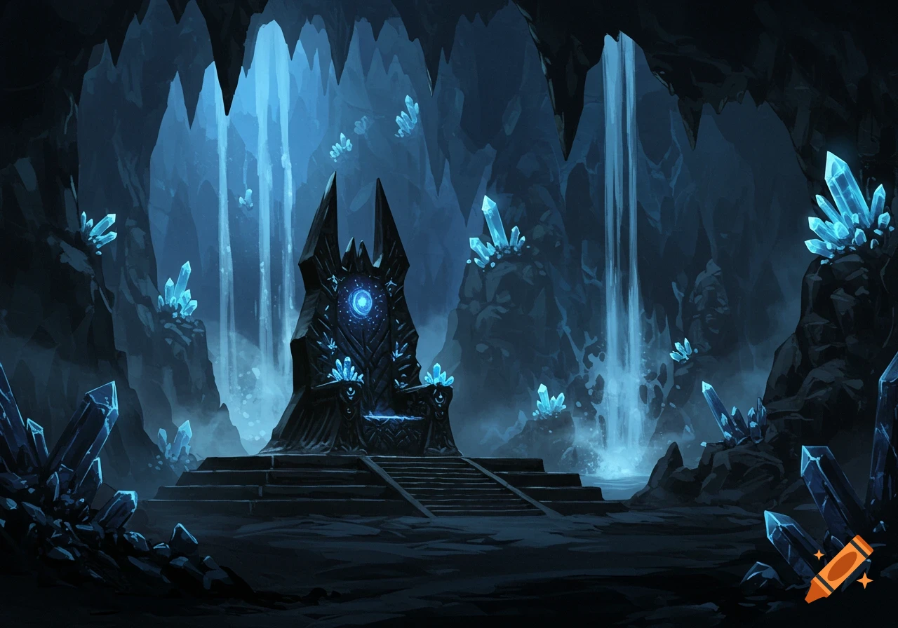 A dark fantasy cave with a central ornate throne, glowing blue crystals, and waterfalls cascading down rock formations.