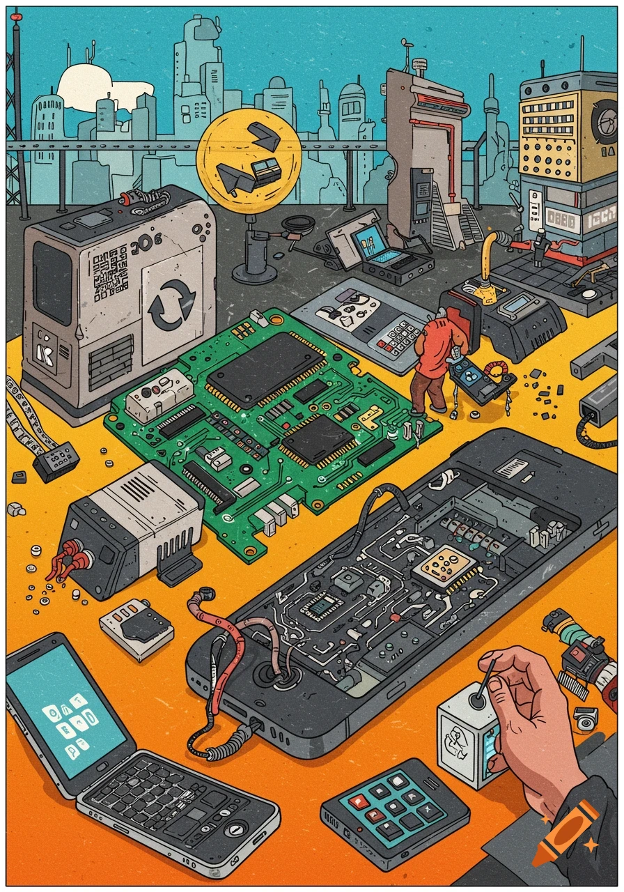 Detailed illustration of electronic components being recycled, including circuit boards, phones, and a person working on devices, with a city skyline in the background.