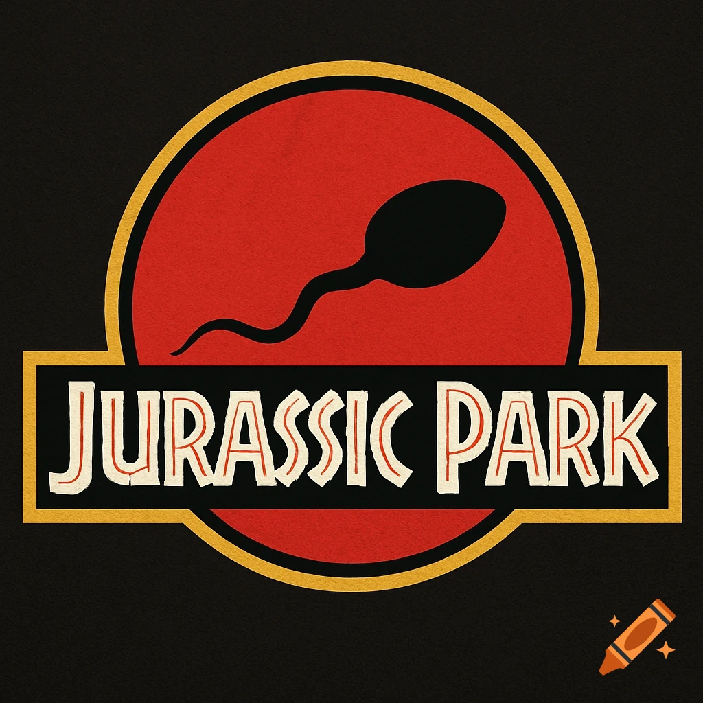 Stylized Jurassic Park logo featuring a black sperm cell on a red circle above 'JURASSIC PARK' text, with gold borders.