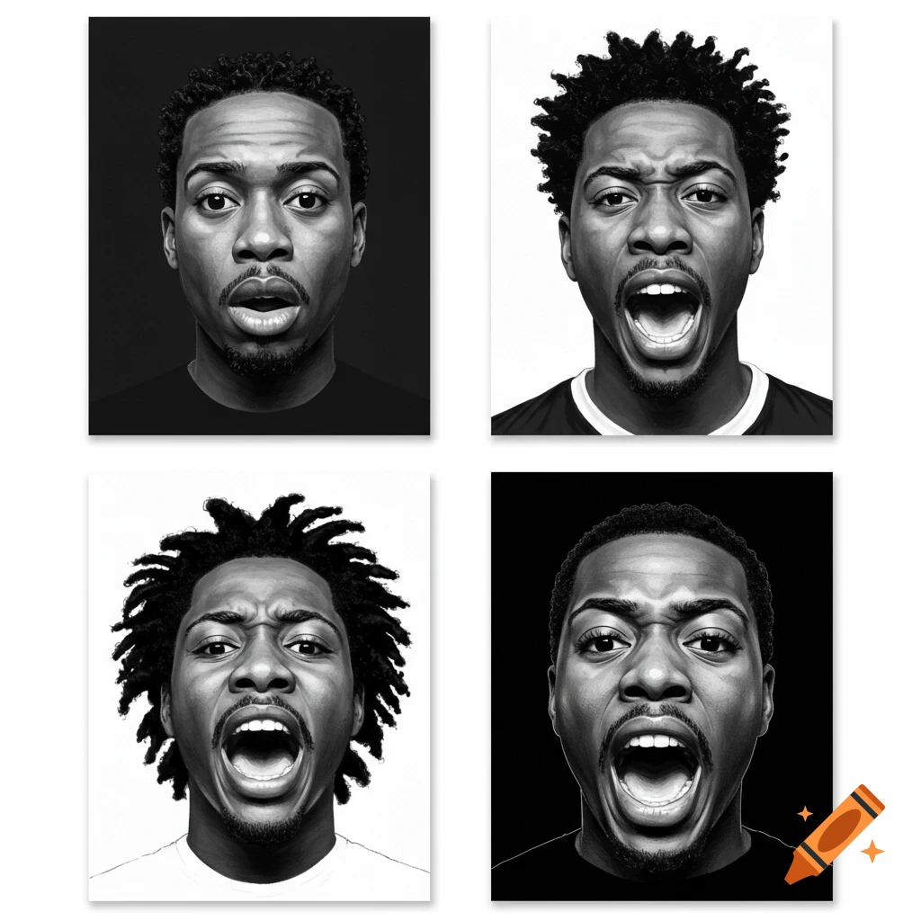Four black and white expressive portraits of a man with varying intense facial expressions.